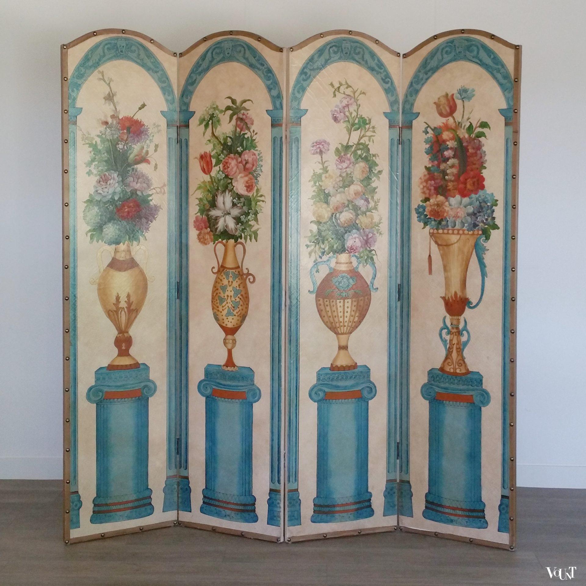 Vintage vierslags handbeschilderd kamerscherm, ca. jaren '50/'60