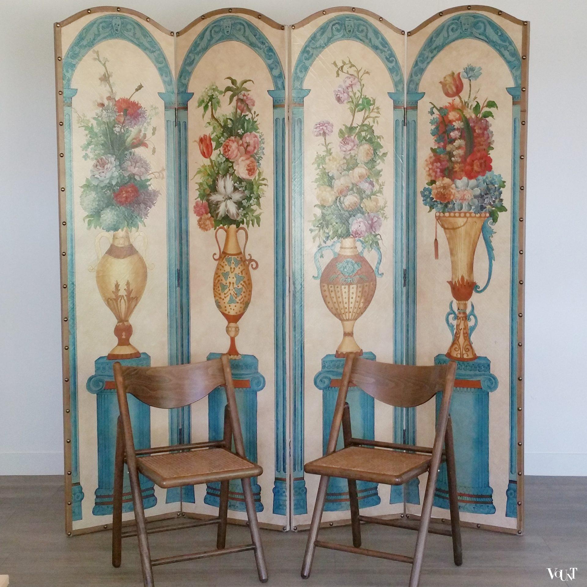 Vintage vierslags handbeschilderd kamerscherm, ca. jaren '50/'60