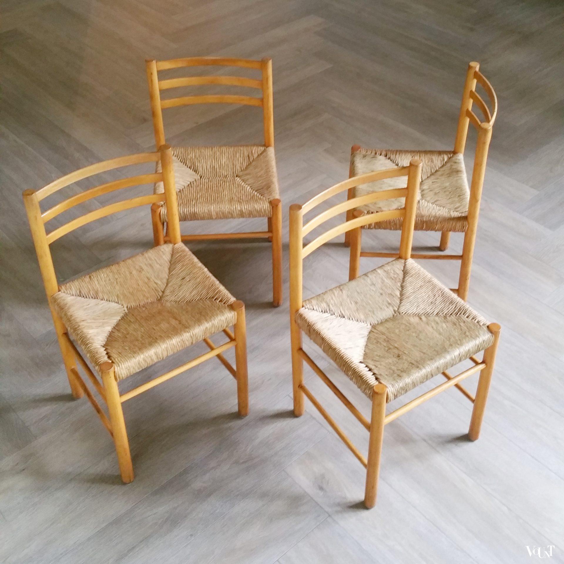 Set van 4 houten eettafelstoelen met biezen zittingen, jaren '60