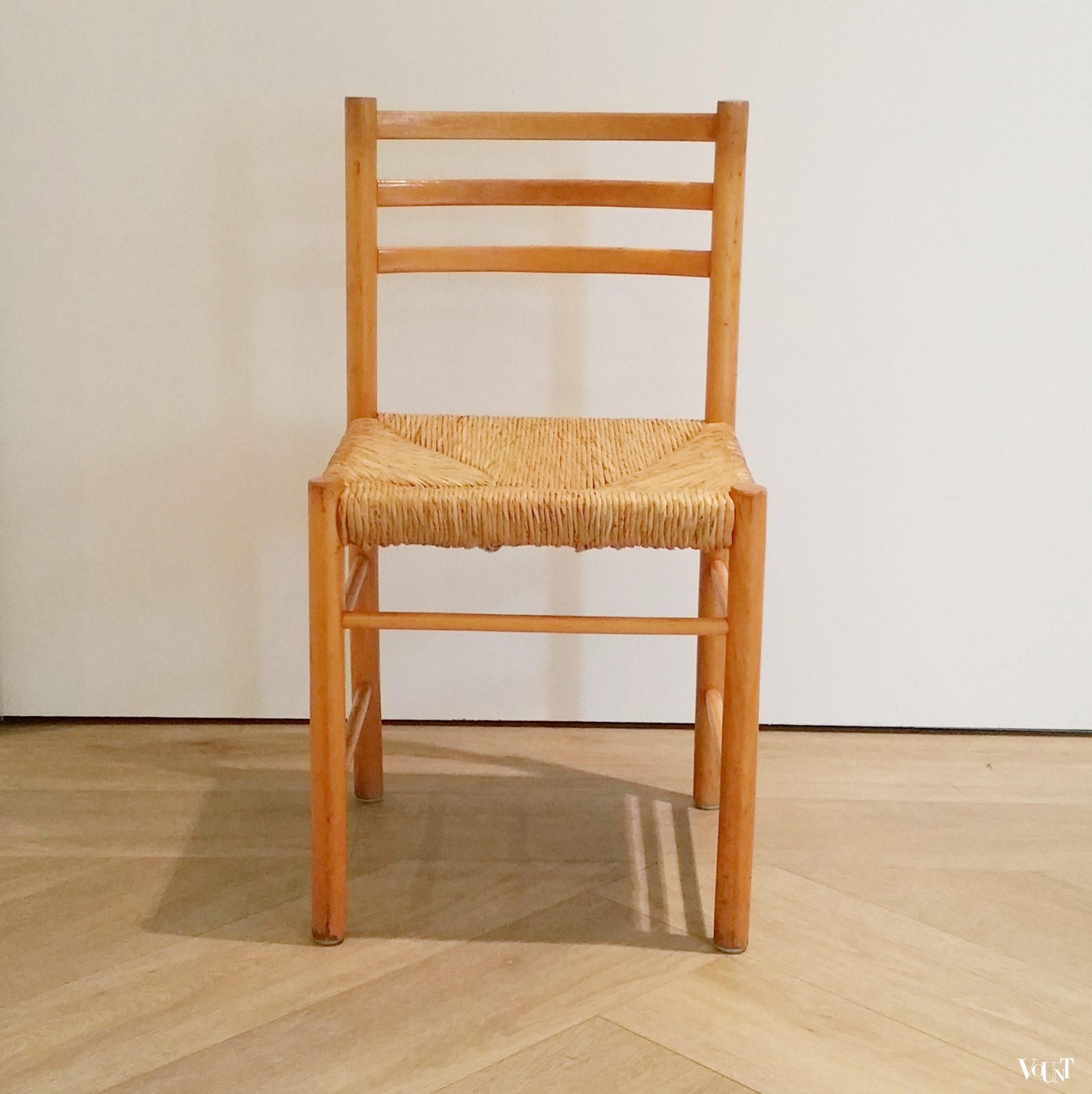 Set van 4 houten eettafelstoelen met biezen zittingen, jaren '60