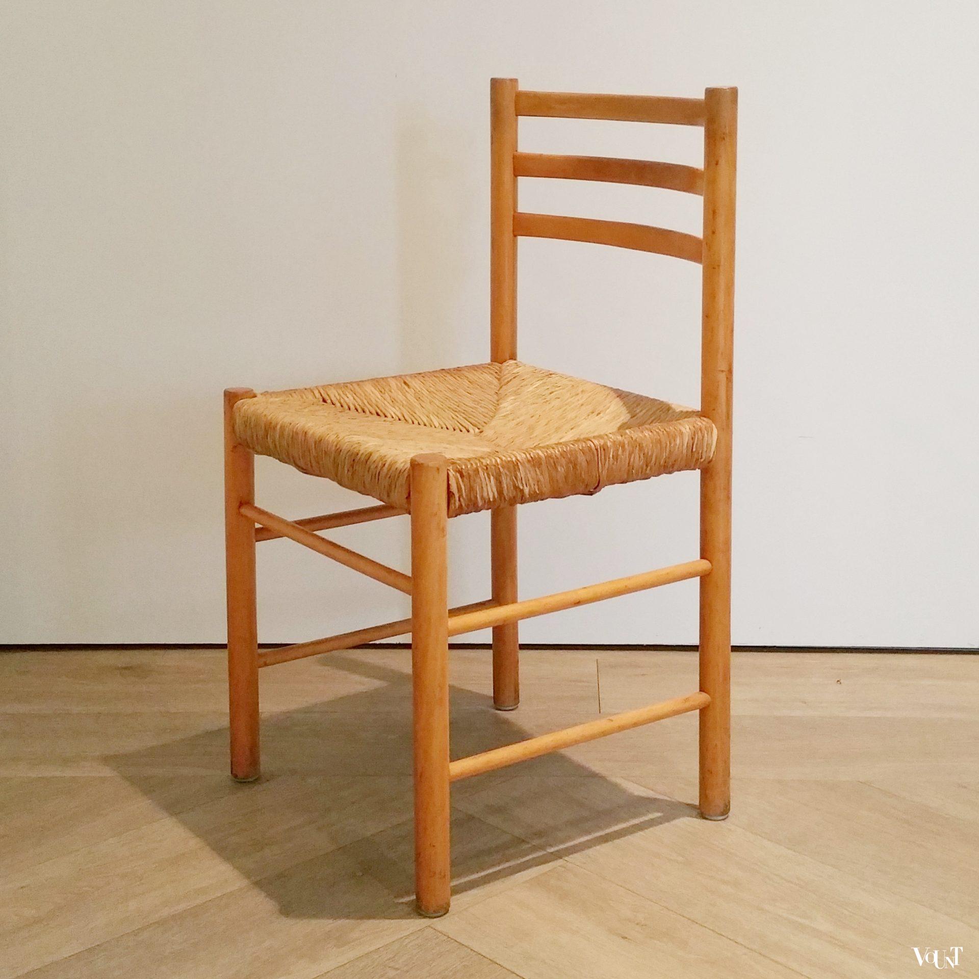 Set van 4 houten eettafelstoelen met biezen zittingen, jaren '60