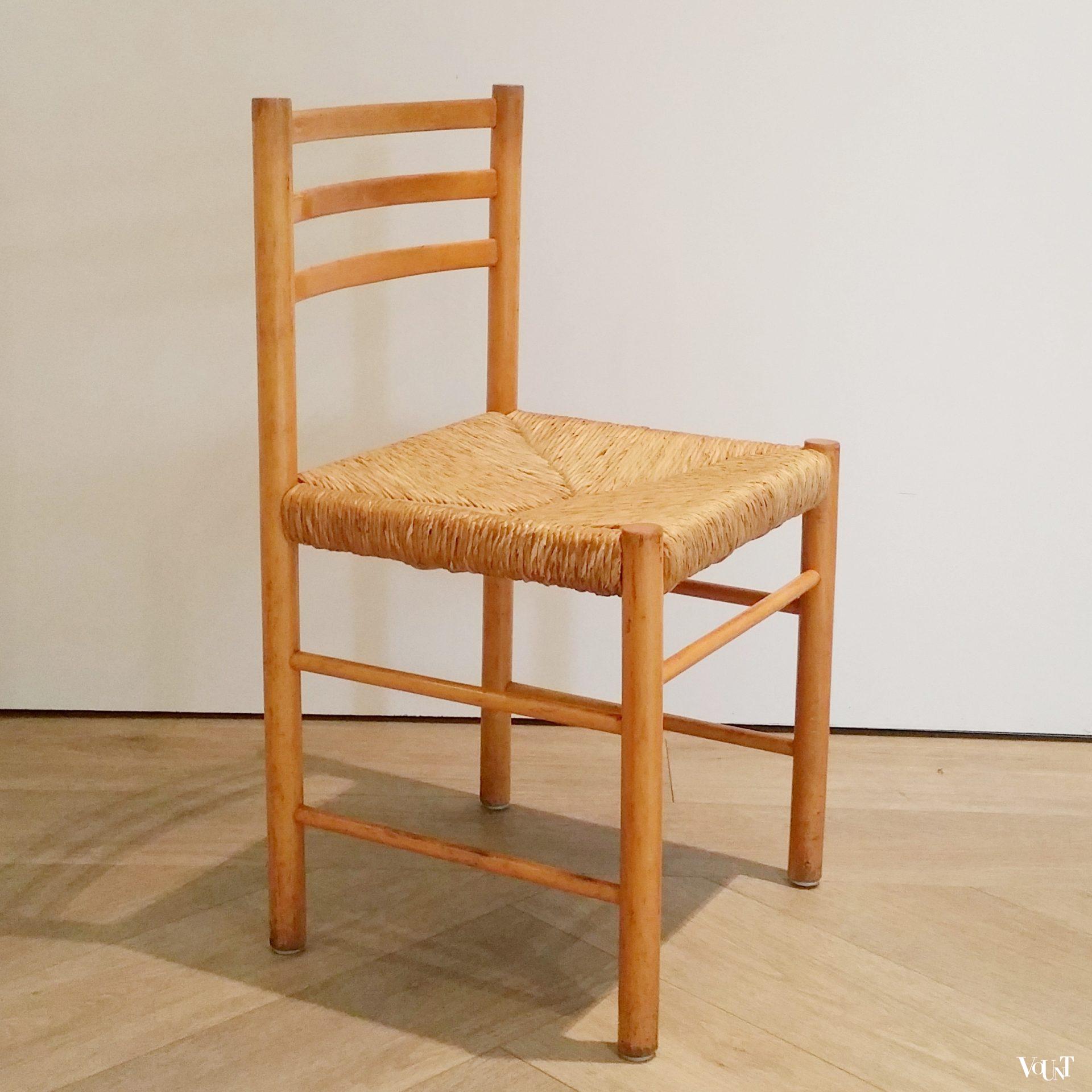 Set van 4 houten eettafelstoelen met biezen zittingen, jaren '60