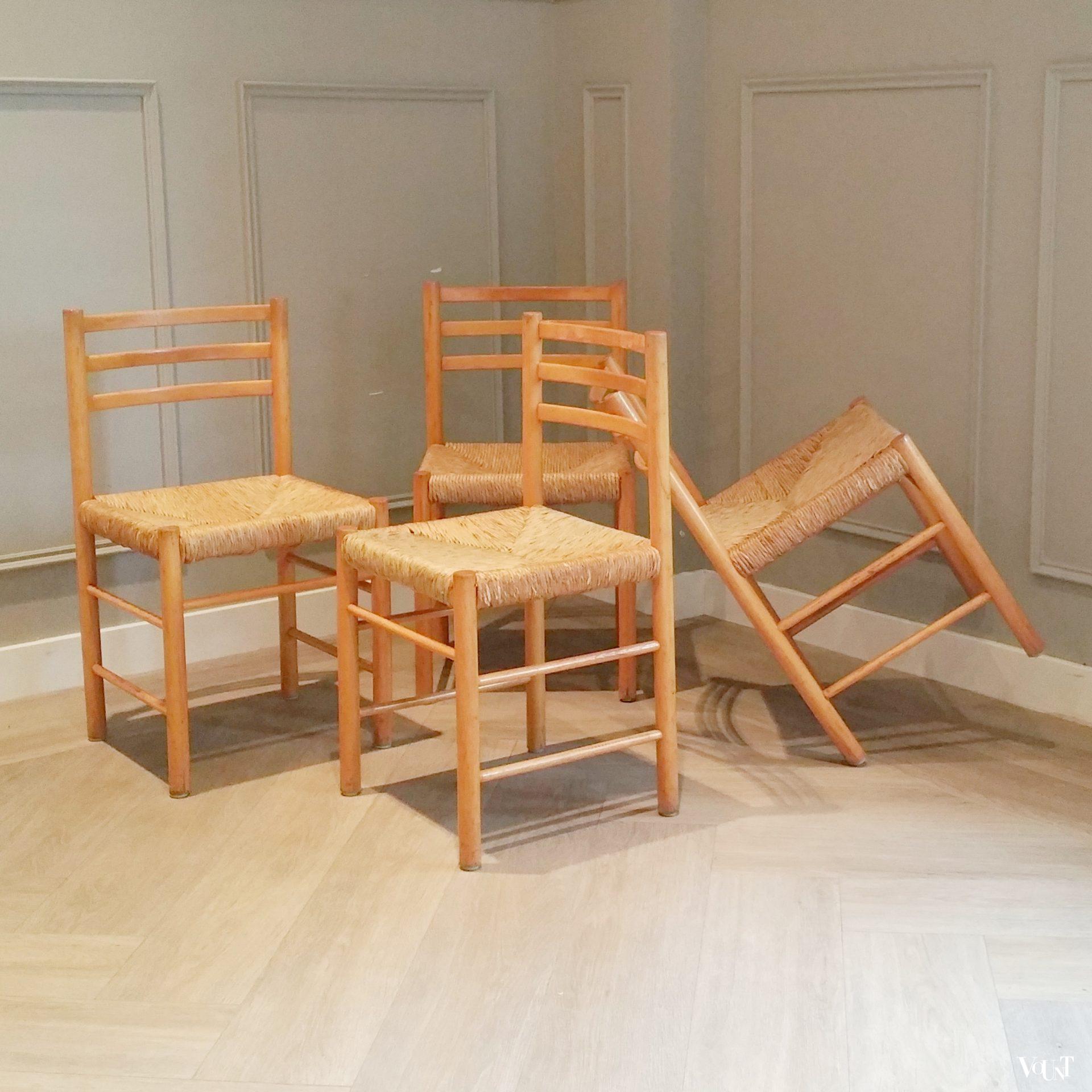 Set van 4 houten eettafelstoelen met biezen zittingen, jaren '60