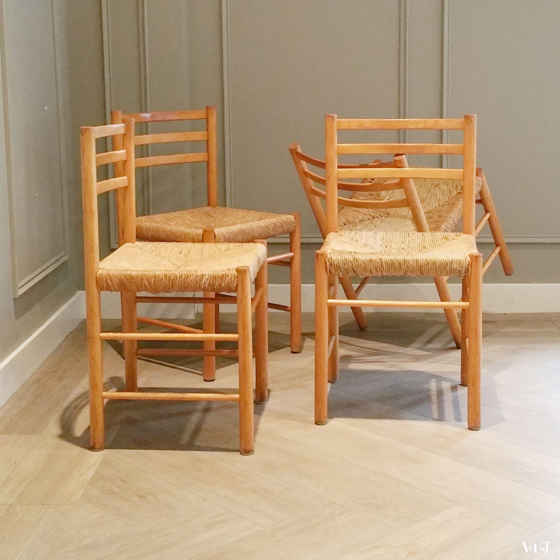 Set van 4 houten eettafelstoelen met biezen zittingen, jaren '60