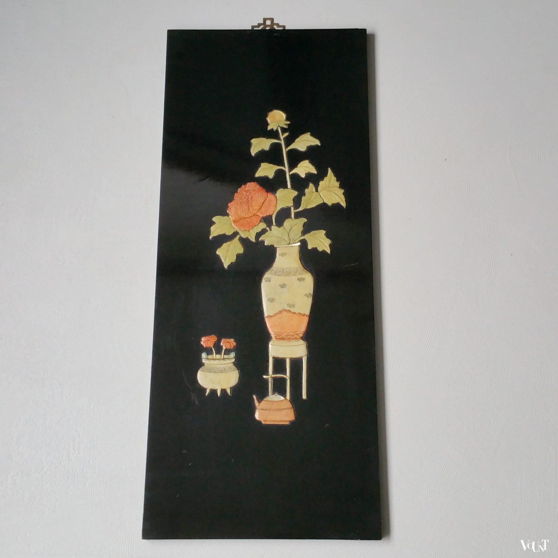 Set van 3 vintage Chinese lakpanelen met inleg, ca. jaren '70