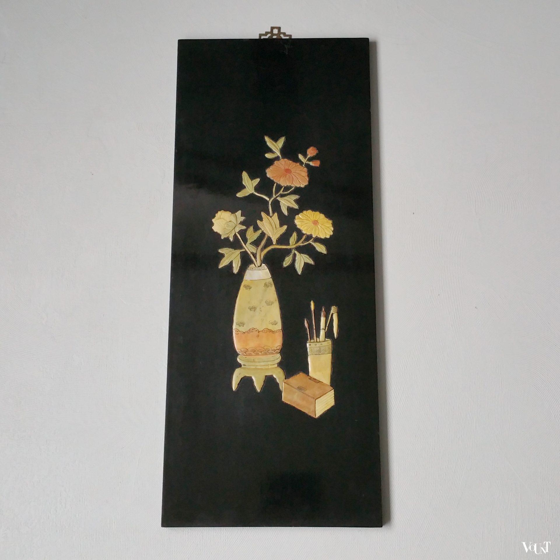 Set van 3 vintage Chinese lakpanelen met inleg, ca. jaren '70