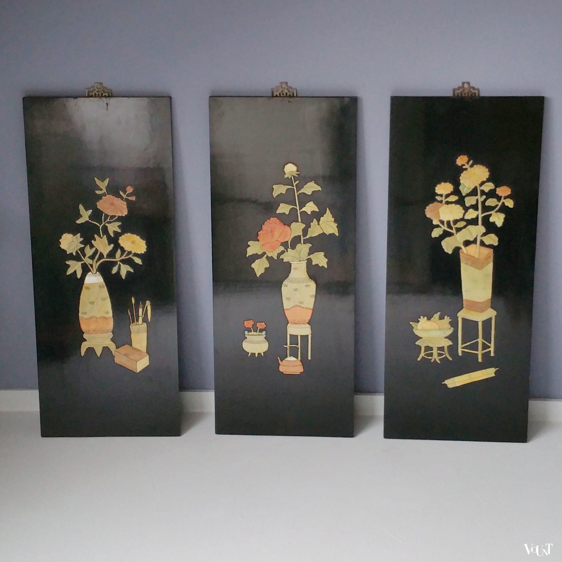 Set van 3 vintage Chinese lakpanelen met inleg, ca. jaren '70
