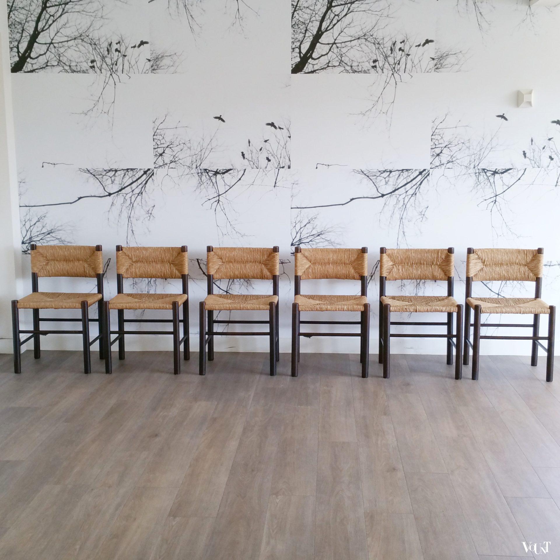 Set van 6 eettafelstoelen met biezen zitting en rugleuning, jaren '70