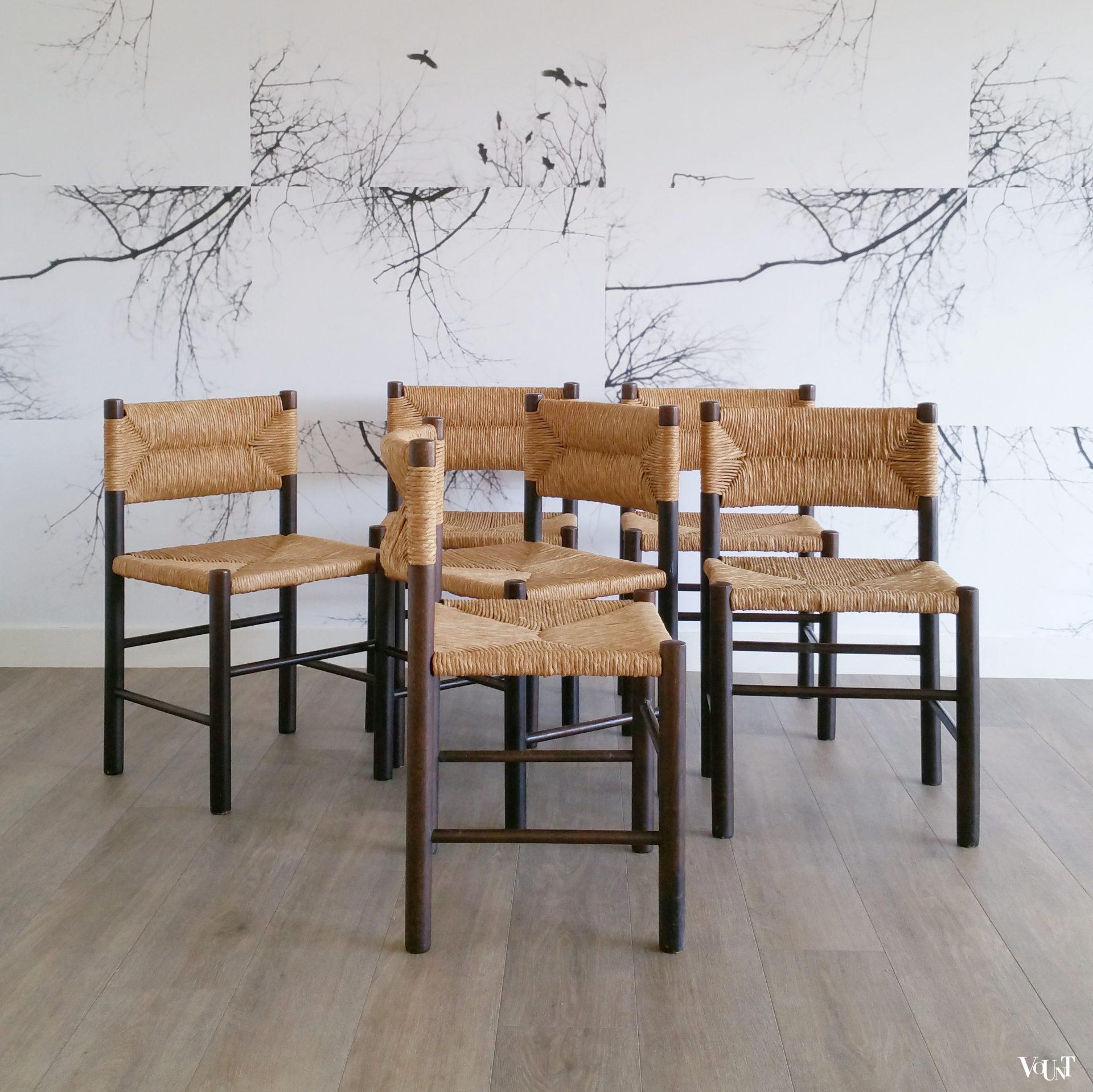 Set van 6 eettafelstoelen met biezen zitting en rugleuning, jaren '70