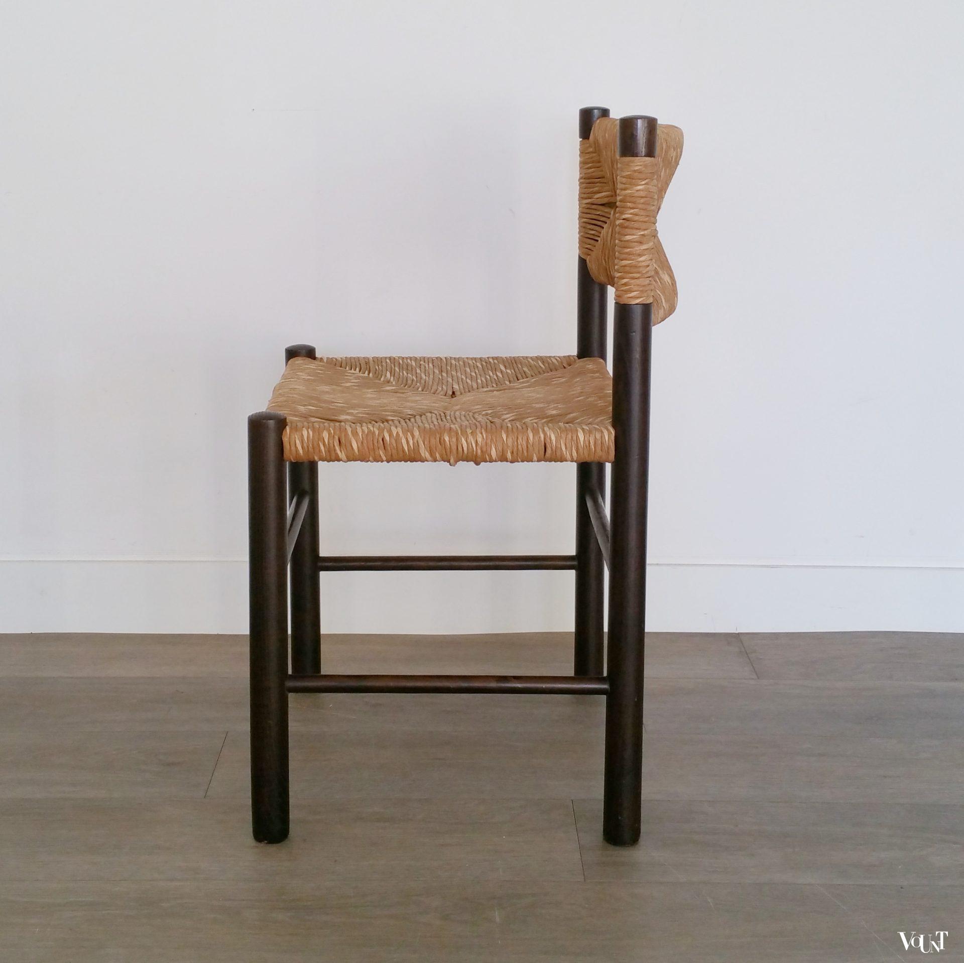 Set van 6 eettafelstoelen met biezen zitting en rugleuning, jaren '70