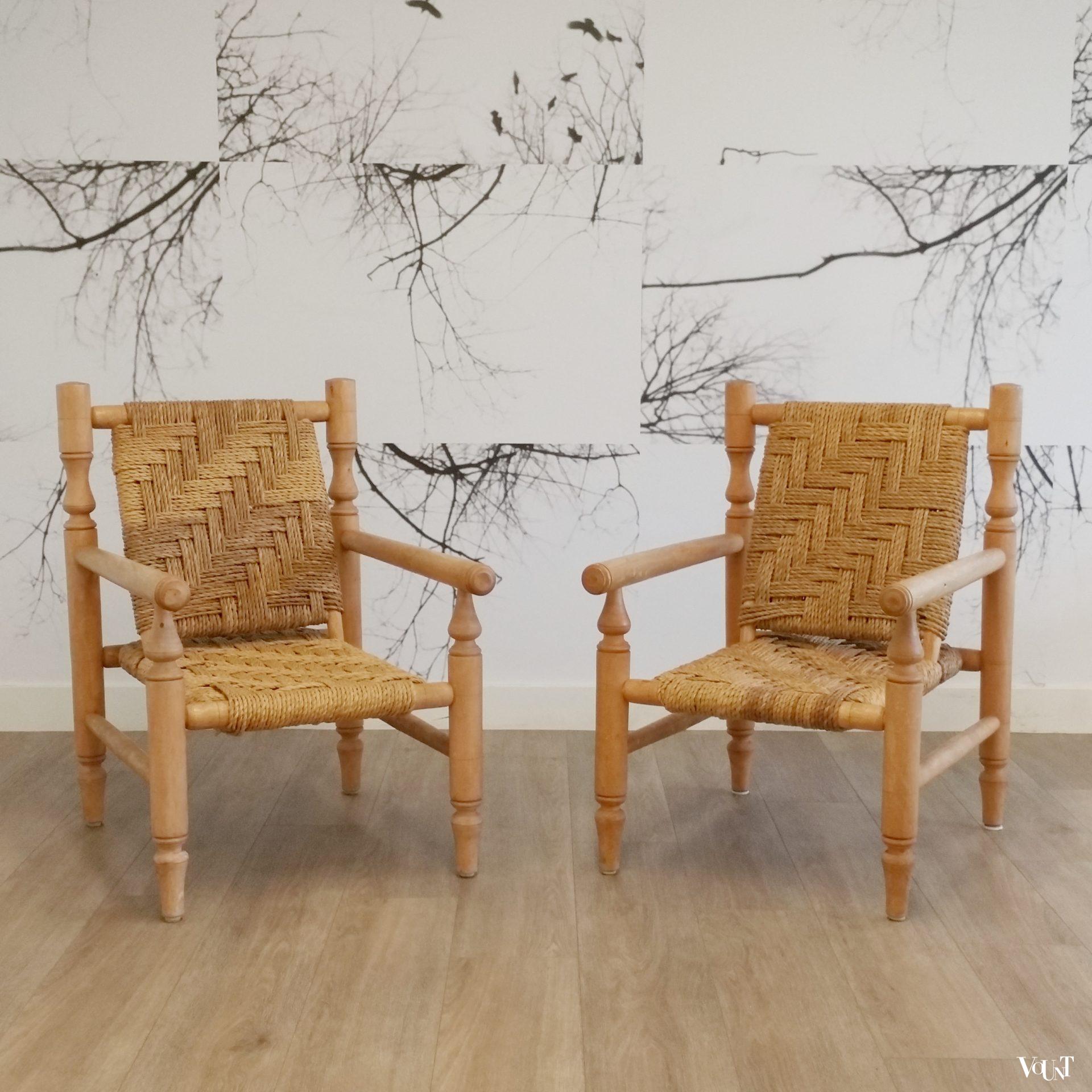 Set van 2 lage fauteuils hout en touw, jaren '60/'70