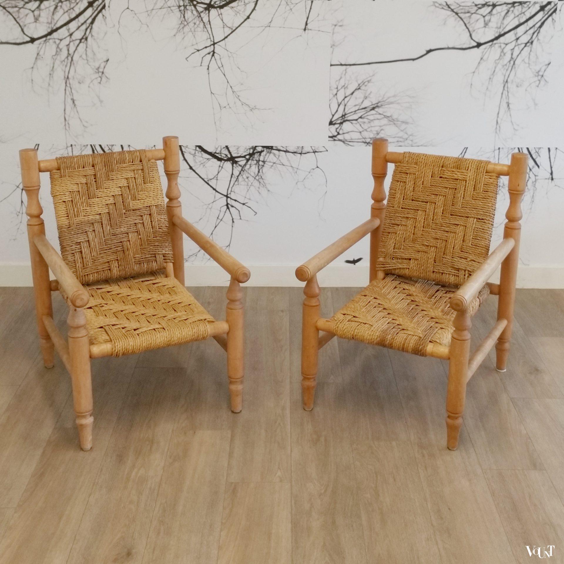 Set van 2 lage fauteuils hout en touw, jaren '60/'70