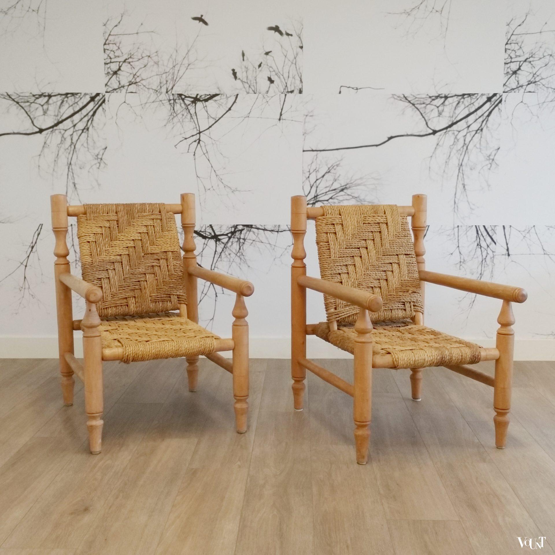 Set van 2 lage fauteuils hout en touw, jaren '60/'70