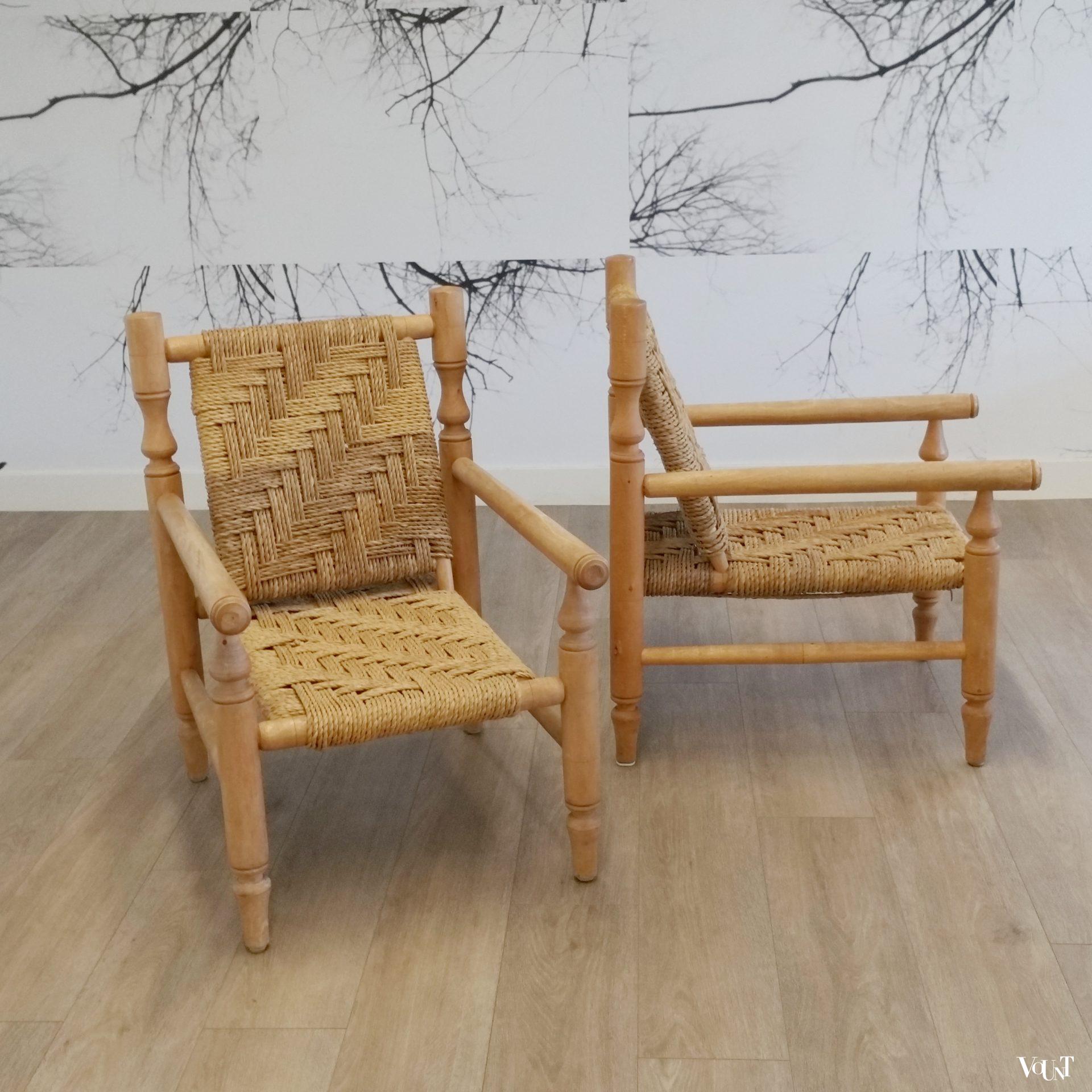 Set van 2 lage fauteuils hout en touw, jaren '60/'70