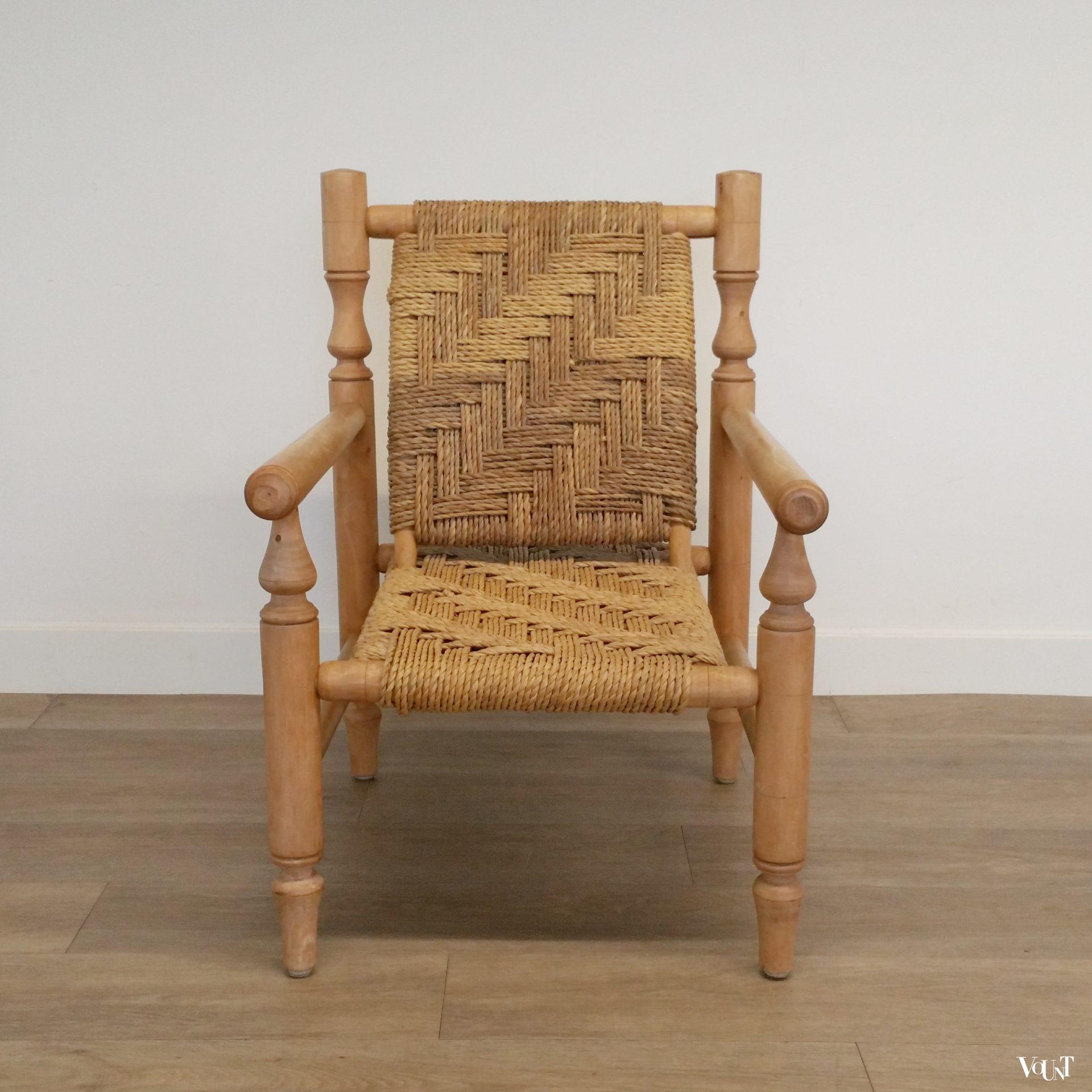 Set van 2 lage fauteuils hout en touw, jaren '60/'70