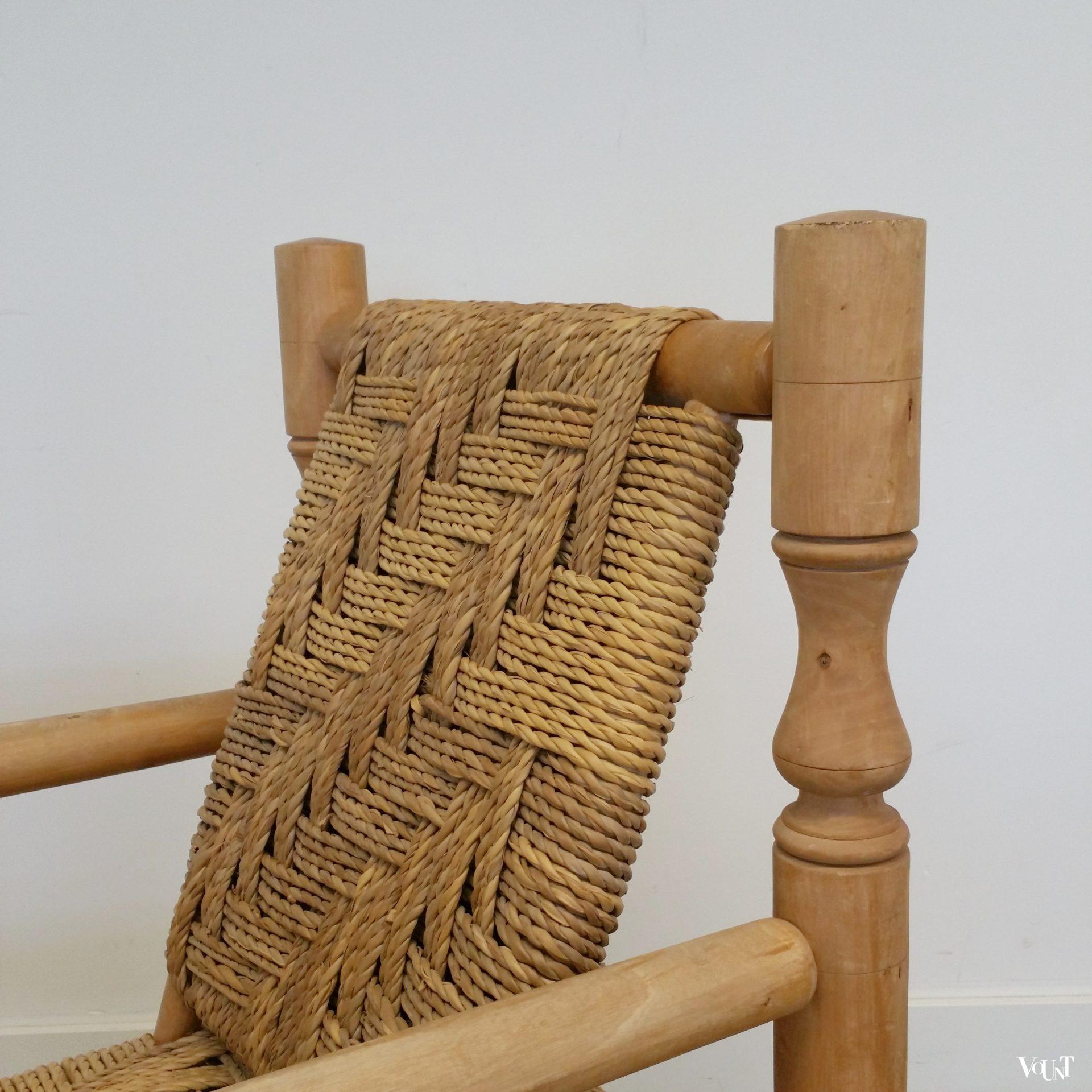 Set van 2 lage fauteuils hout en touw, jaren '60/'70