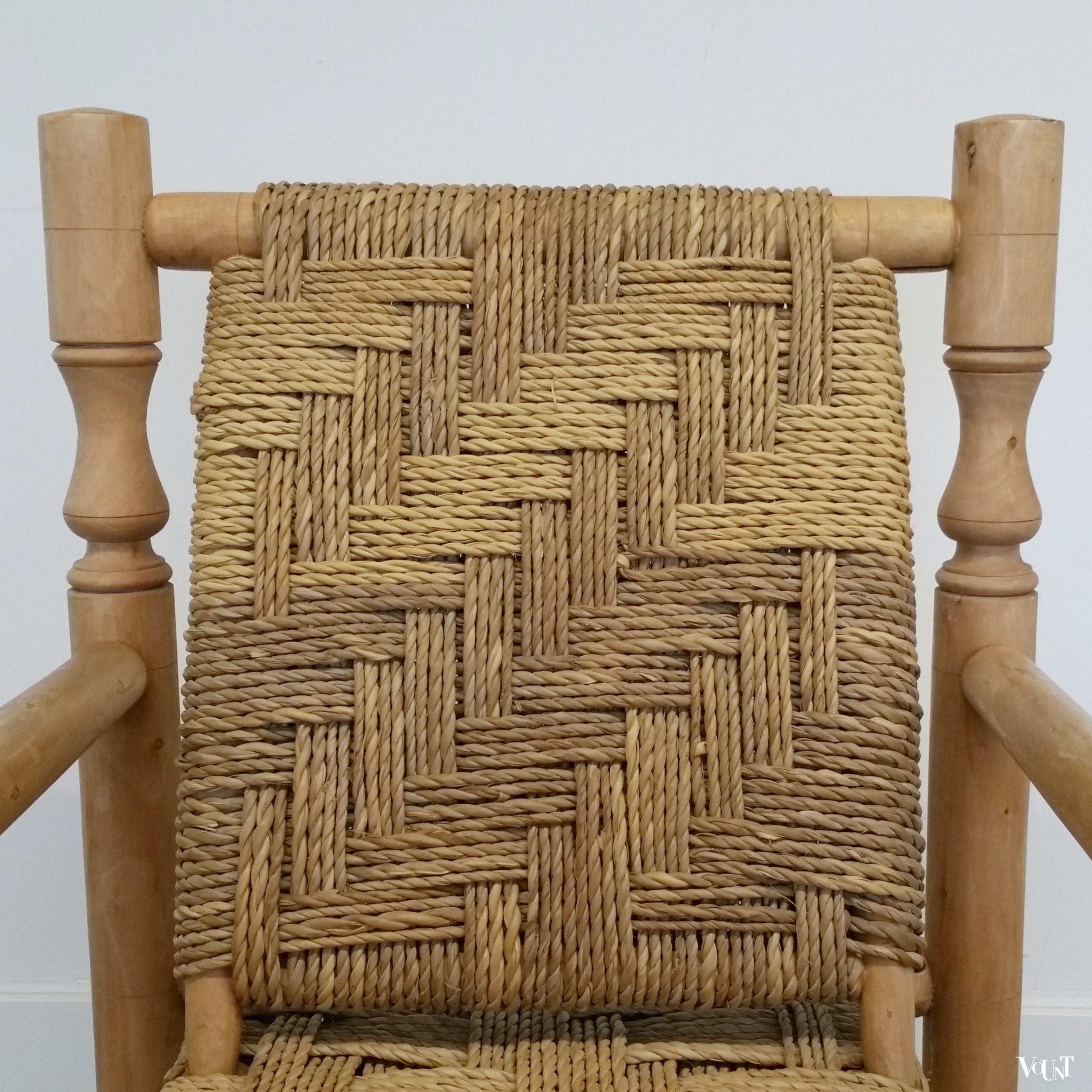 Set van 2 lage fauteuils hout en touw, jaren '60/'70