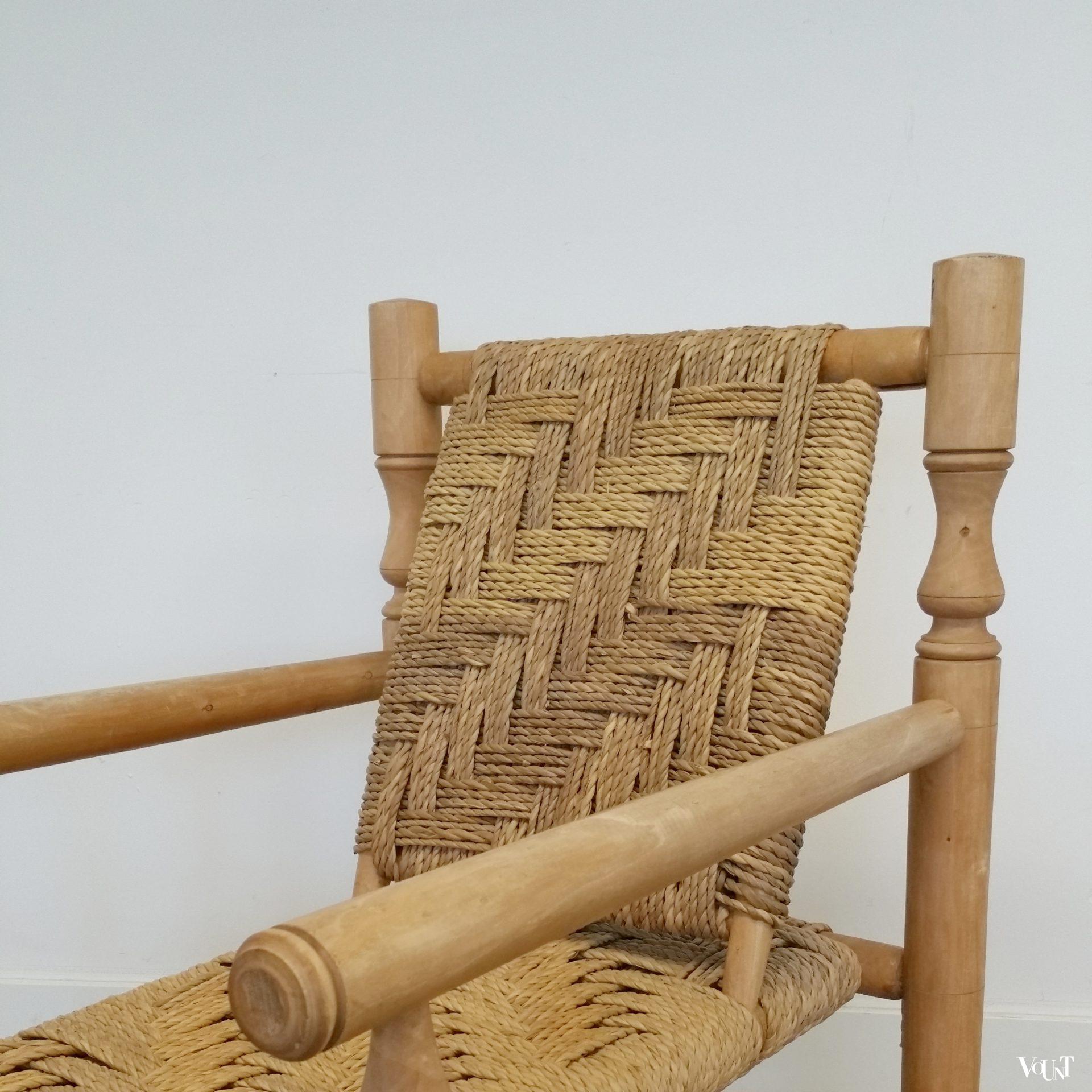 Set van 2 lage fauteuils hout en touw, jaren '60/'70