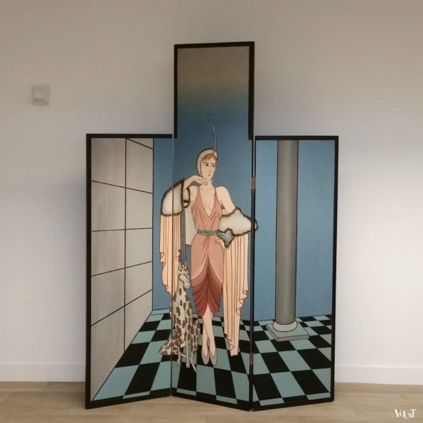 Art Deco-stijl kamerscherm / room divider dame met luipaard, jaren '80