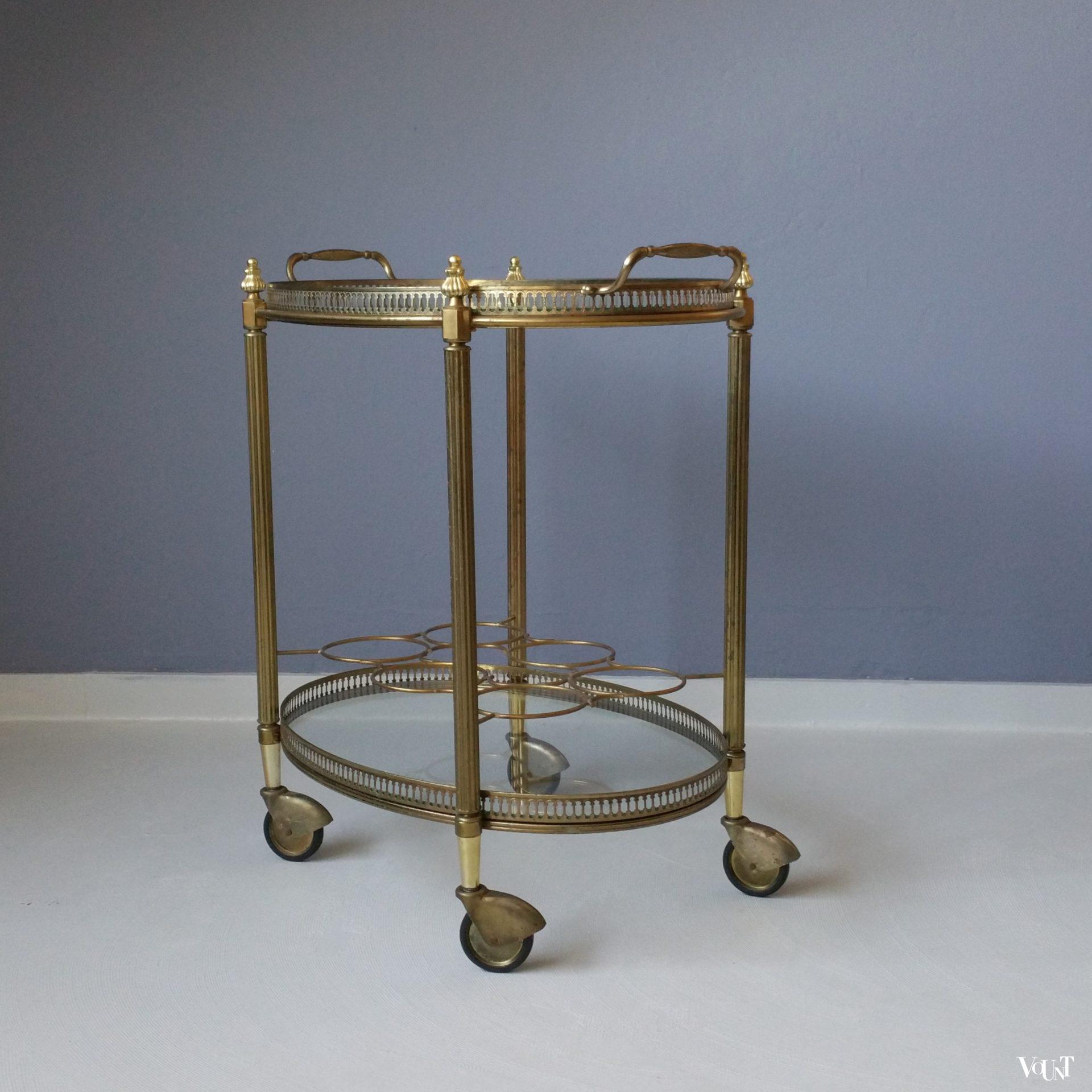 Ovale messing trolley / bar cart met glasplaten, jaren '60