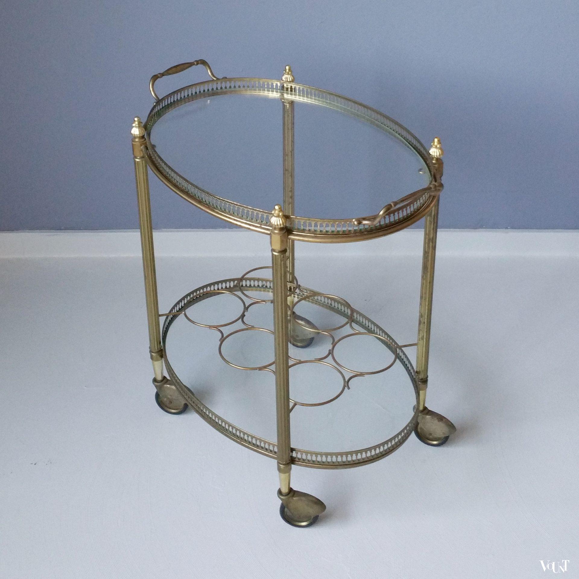 Ovale messing trolley / bar cart met glasplaten, jaren '60