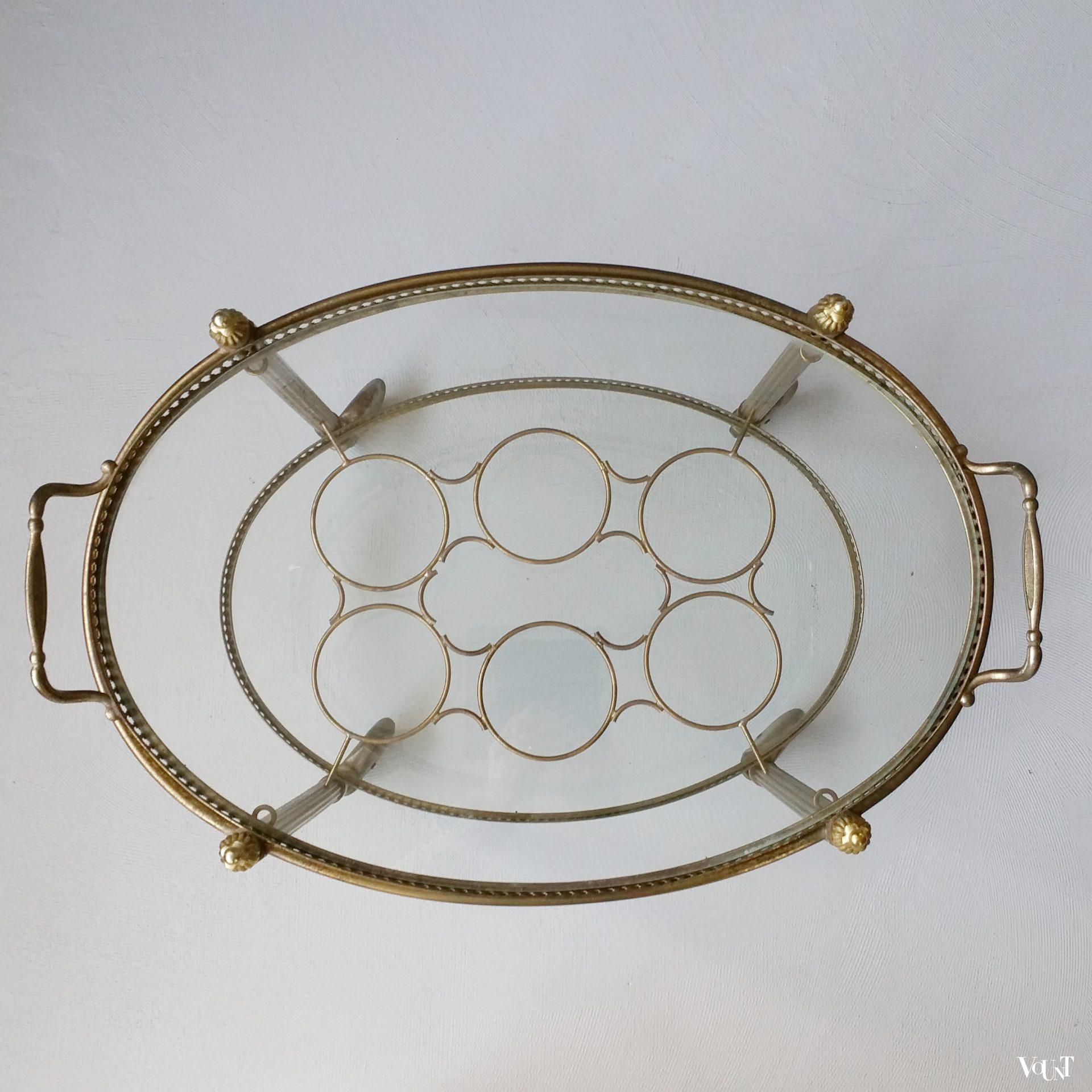Ovale messing trolley / bar cart met glasplaten, jaren '60