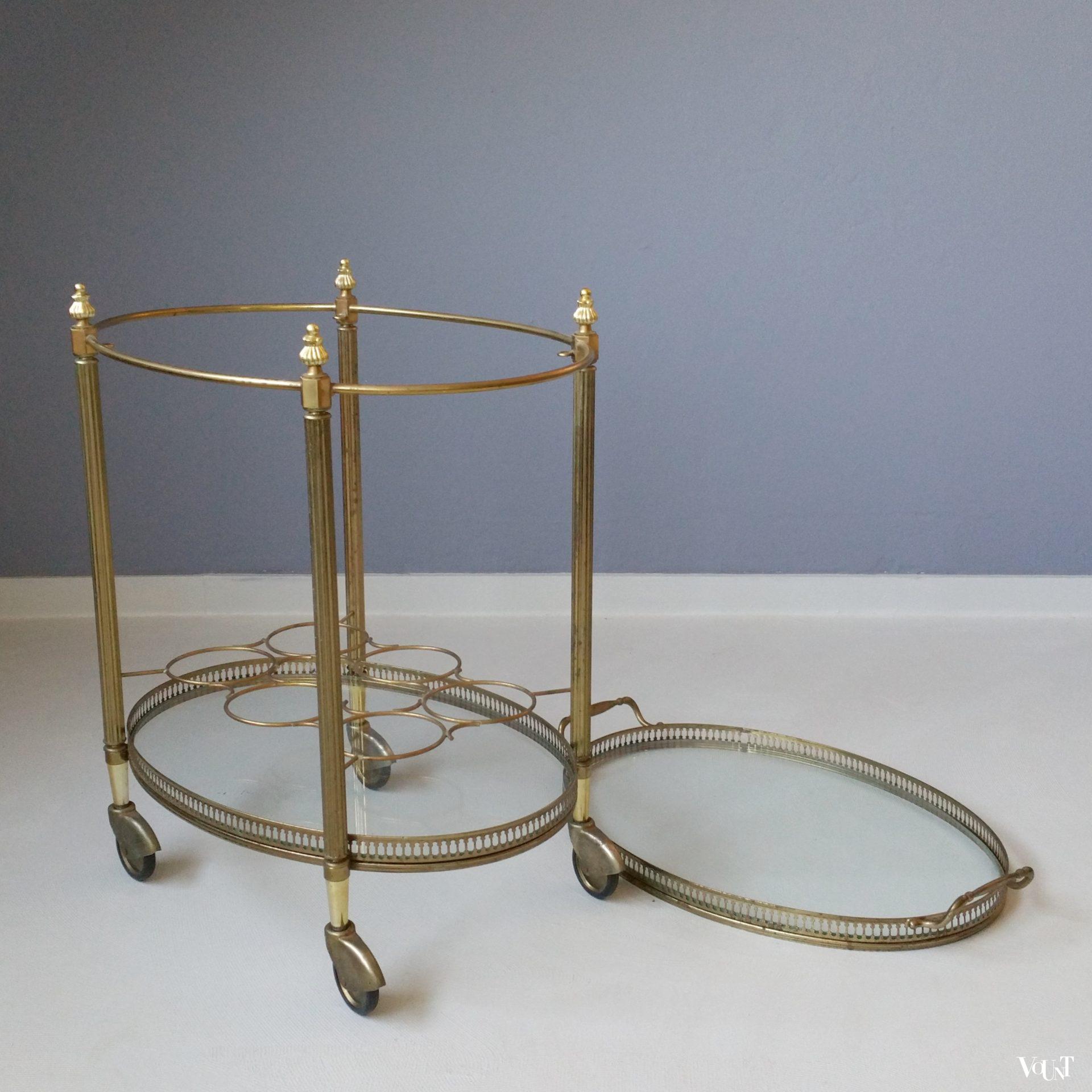 Ovale messing trolley / bar cart met glasplaten, jaren '60