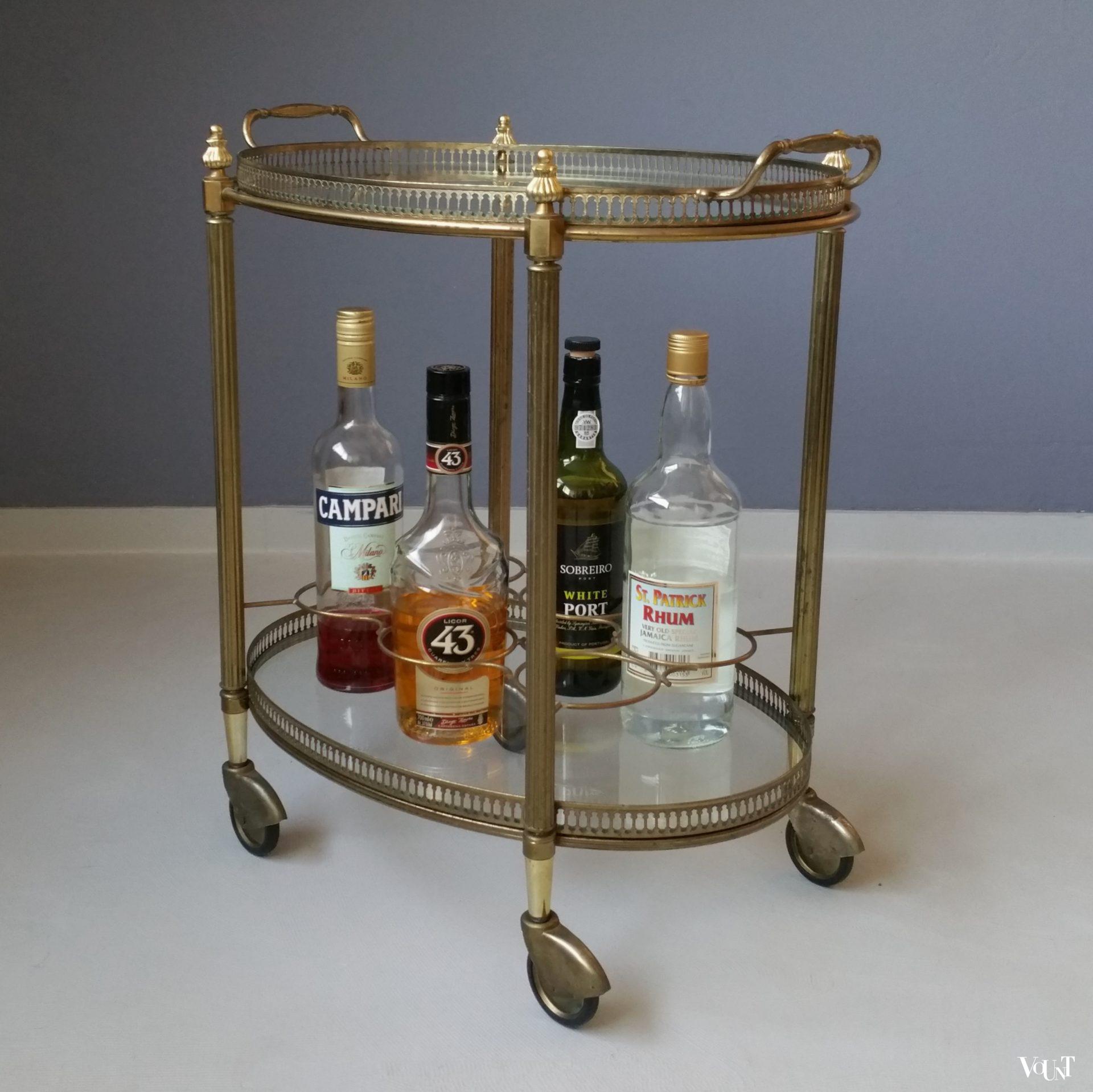 Ovale messing trolley / bar cart met glasplaten, jaren '60