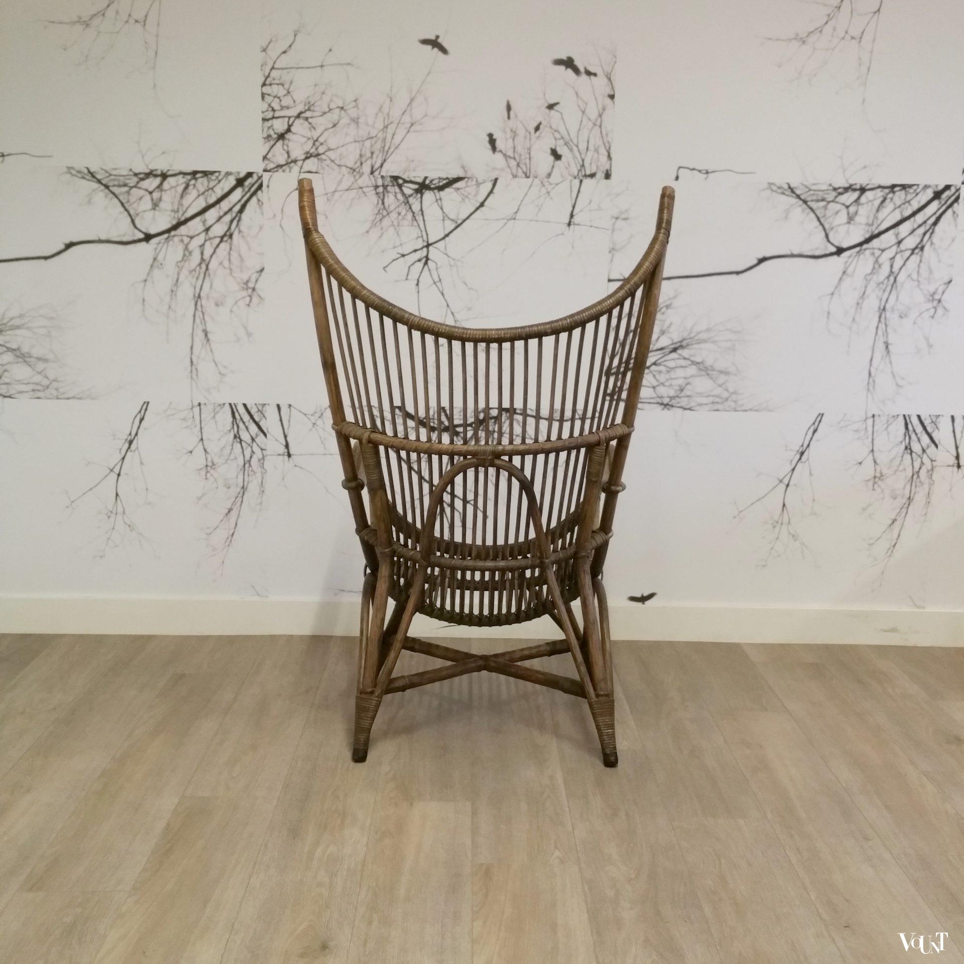 Vintage bruine rotanstoel met hoge rug, jaren '60