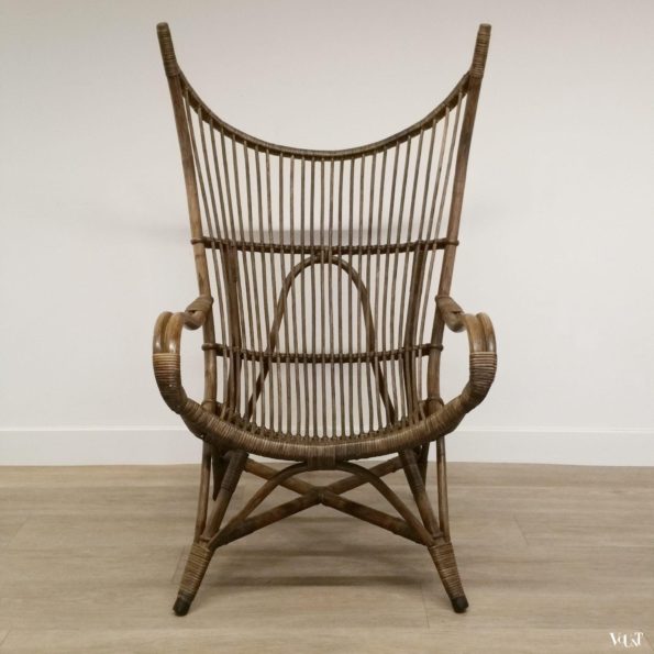 Vintage bruine rotanstoel met hoge rug, jaren '60