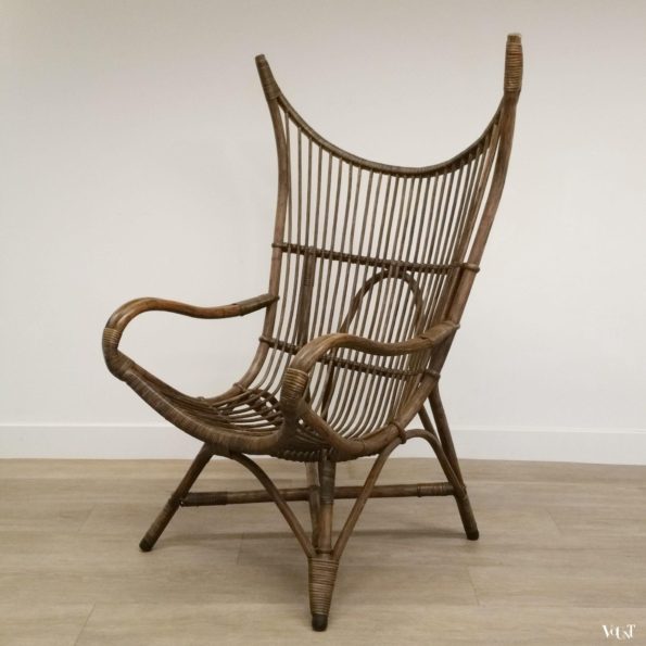 Vintage bruine rotanstoel met hoge rug, jaren '60