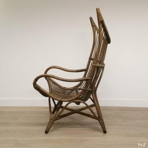 Vintage bruine rotanstoel met hoge rug, jaren '60