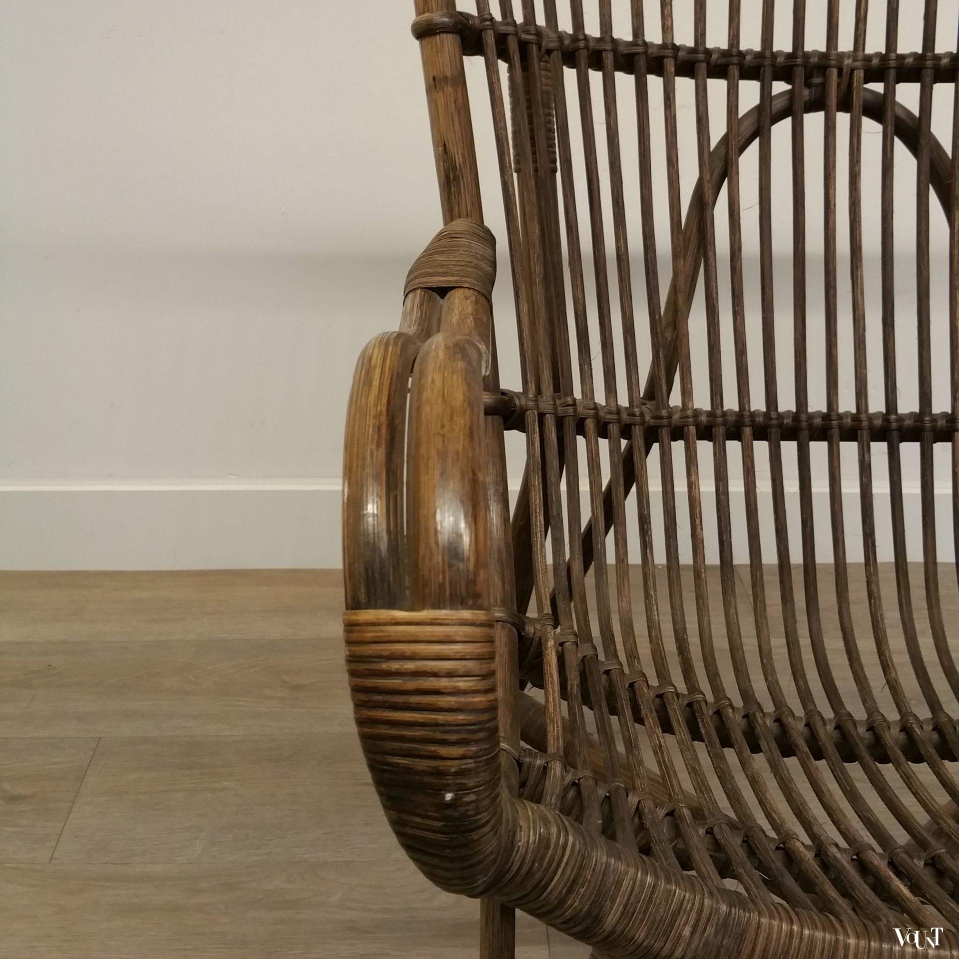 Vintage bruine rotanstoel met hoge rug, jaren '60