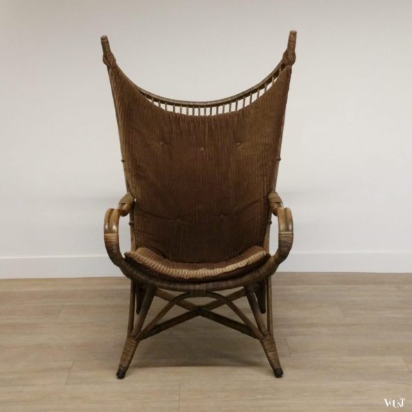 Vintage bruine rotanstoel met hoge rug, jaren '60