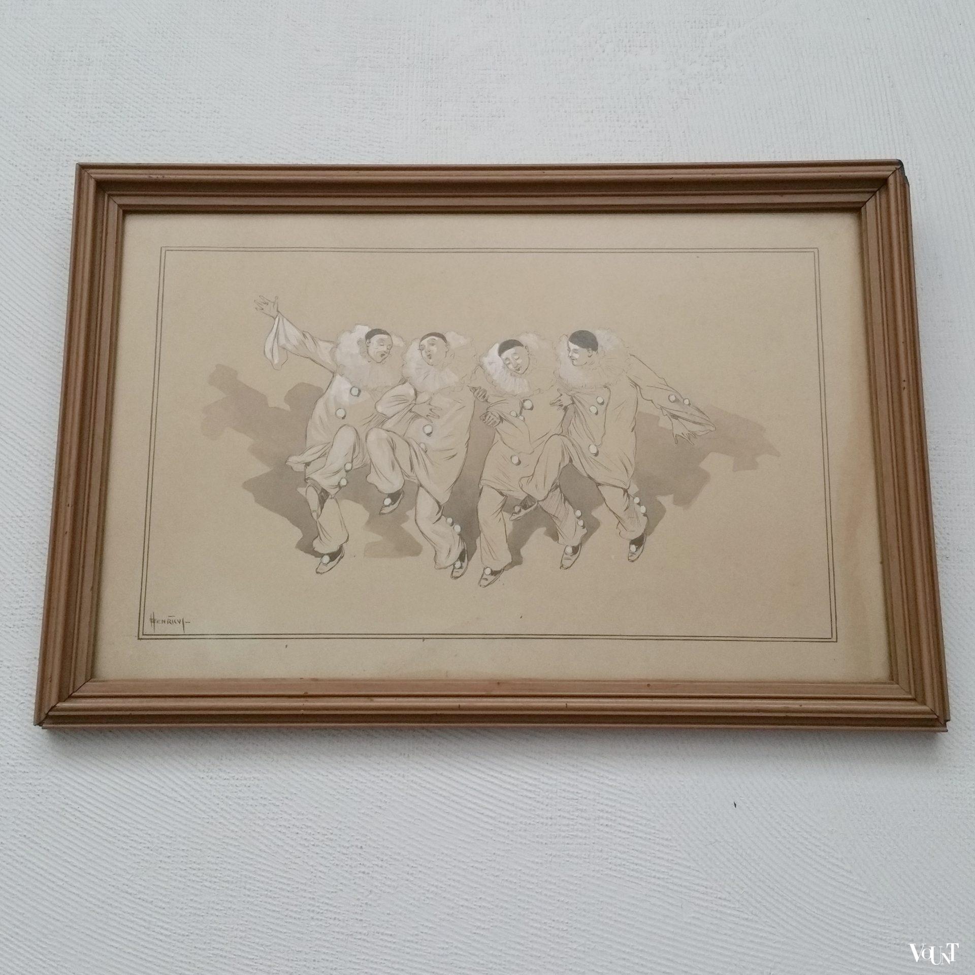 Tekening groep zingende en dansende pierrots, Henricus Jansen, rond 1900