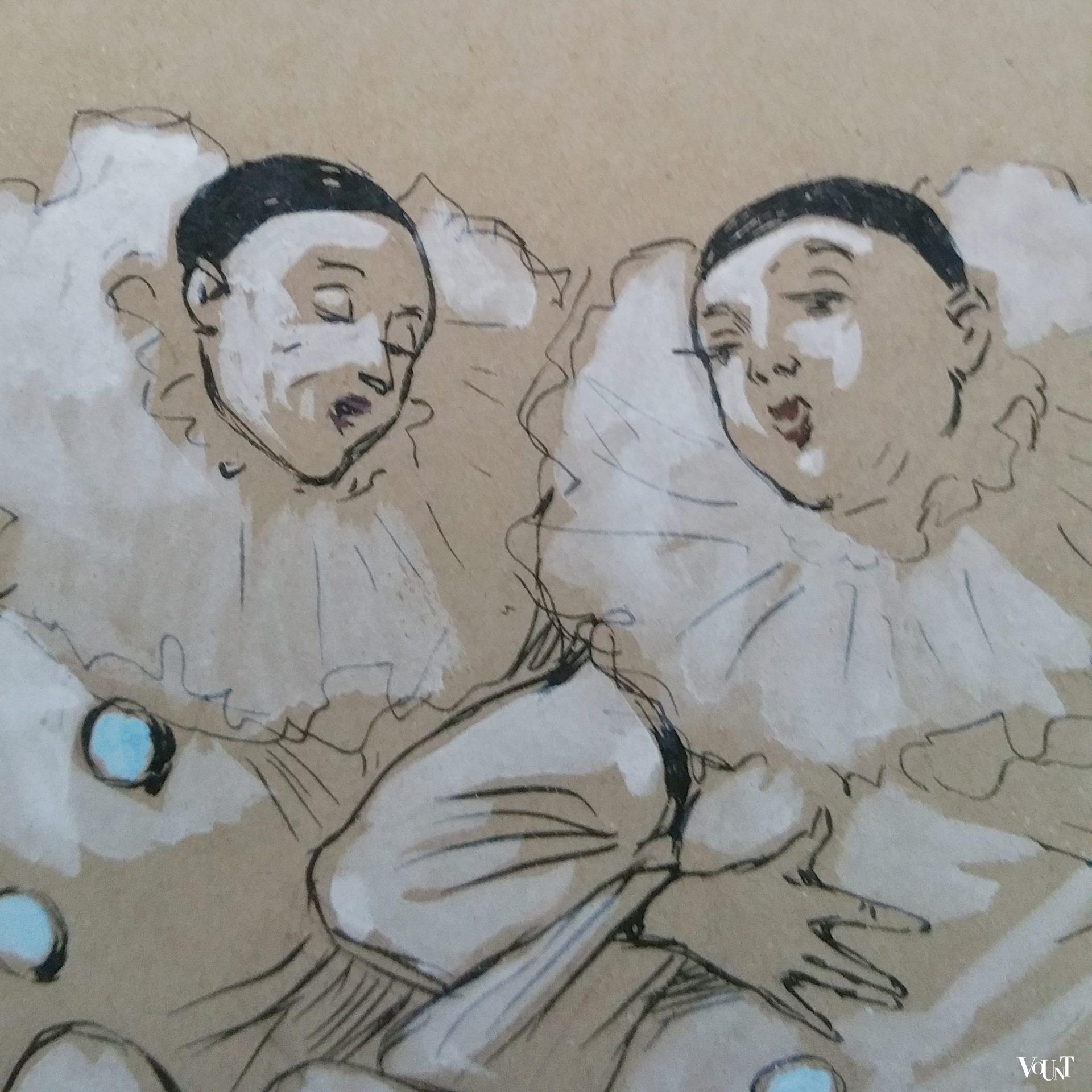 Tekening groep zingende en dansende pierrots, Henricus Jansen, rond 1900