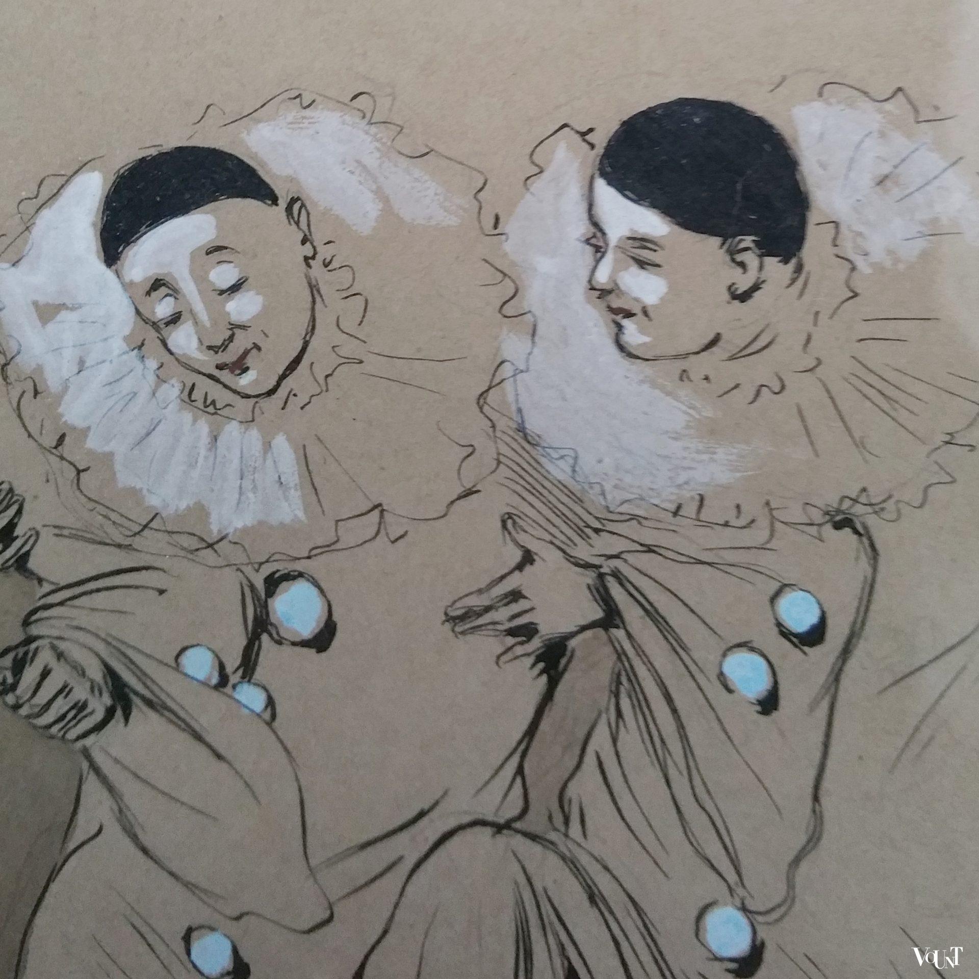 Tekening groep zingende en dansende pierrots, Henricus Jansen, rond 1900