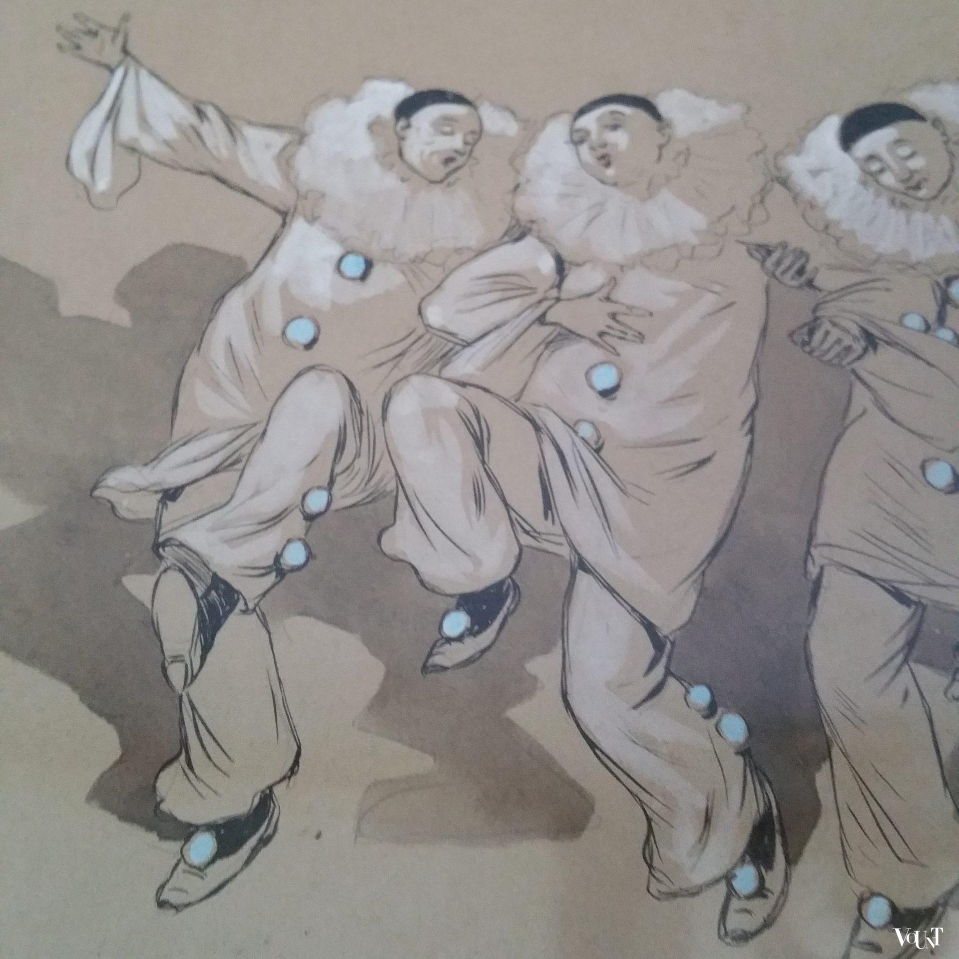 Tekening groep zingende en dansende pierrots, Henricus Jansen, rond 1900