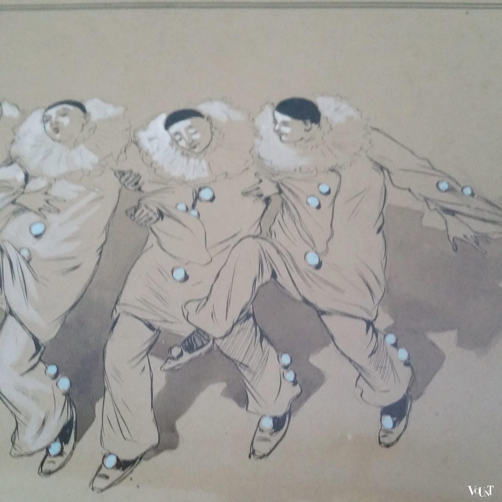 Tekening groep zingende en dansende pierrots, Henricus Jansen, rond 1900