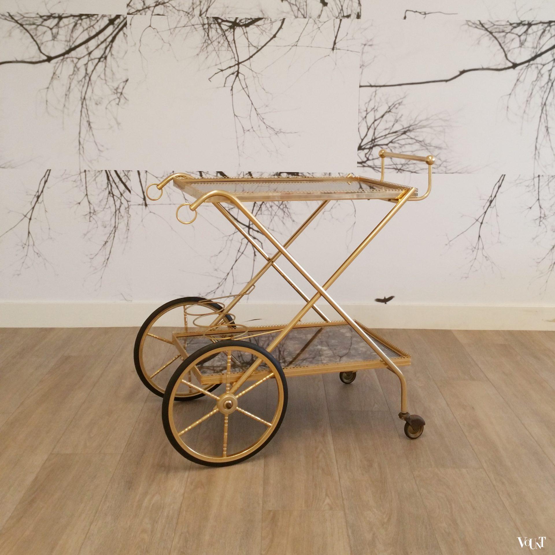 Trolley / bar cart messing en glas, jaren '60