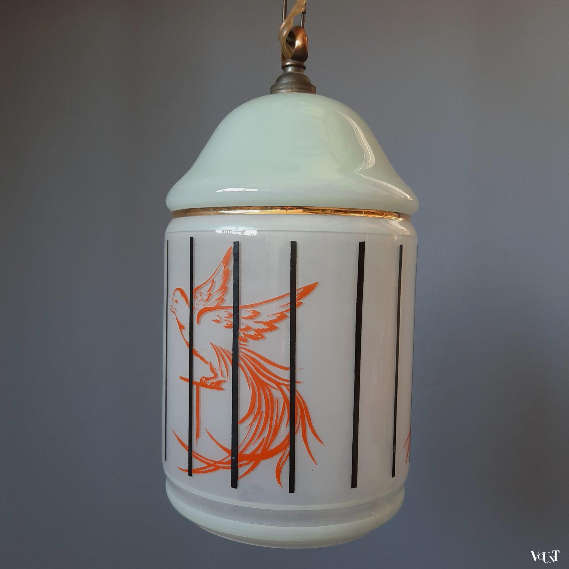 Glazen hanglamp vogelkooitje (groen), Frankrijk, jaren '50