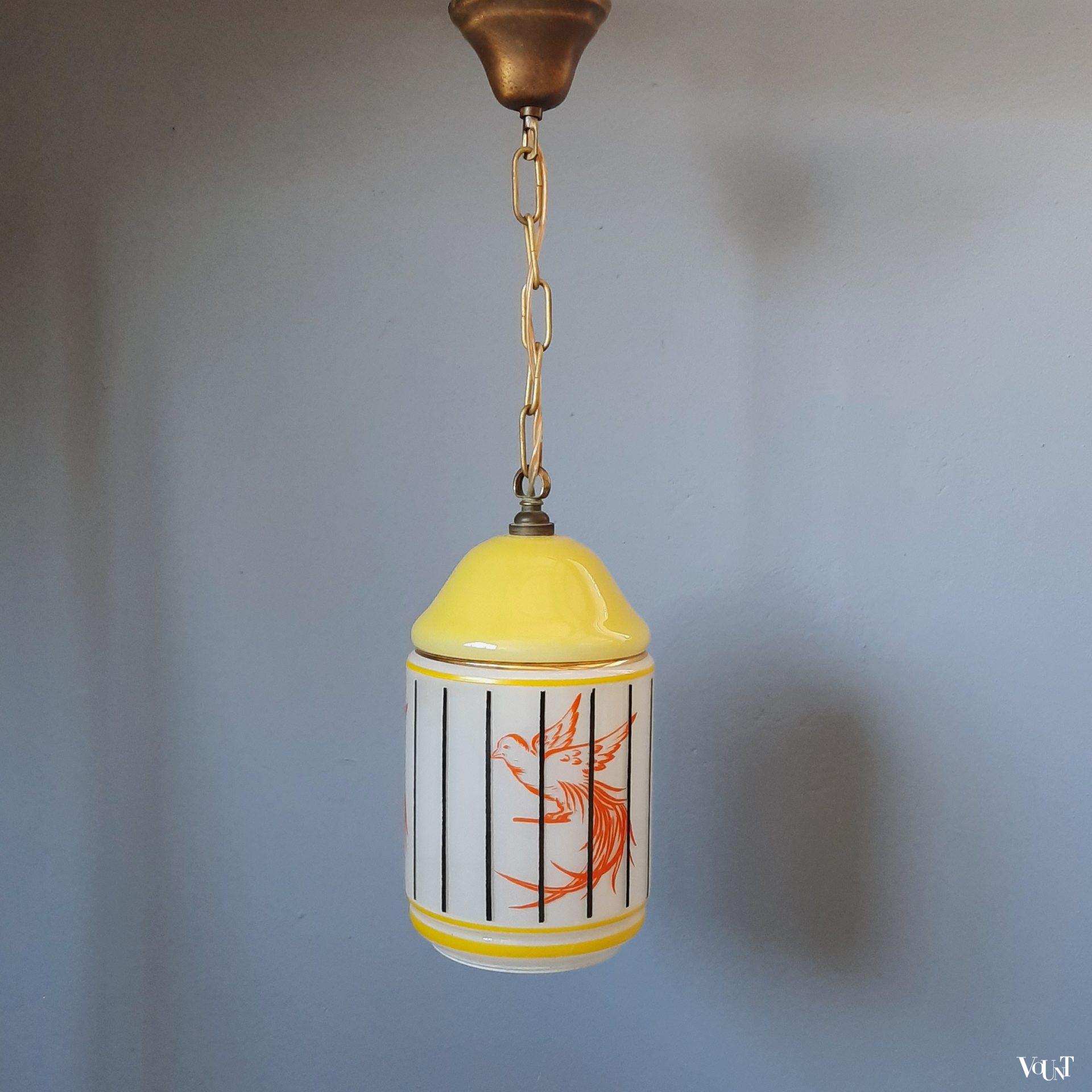 Glazen hanglamp vogelkooitje (geel), Frankrijk, jaren '50