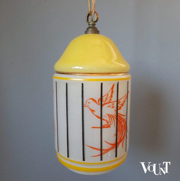 Glazen hanglamp vogelkooitje (geel), Frankrijk, jaren '50