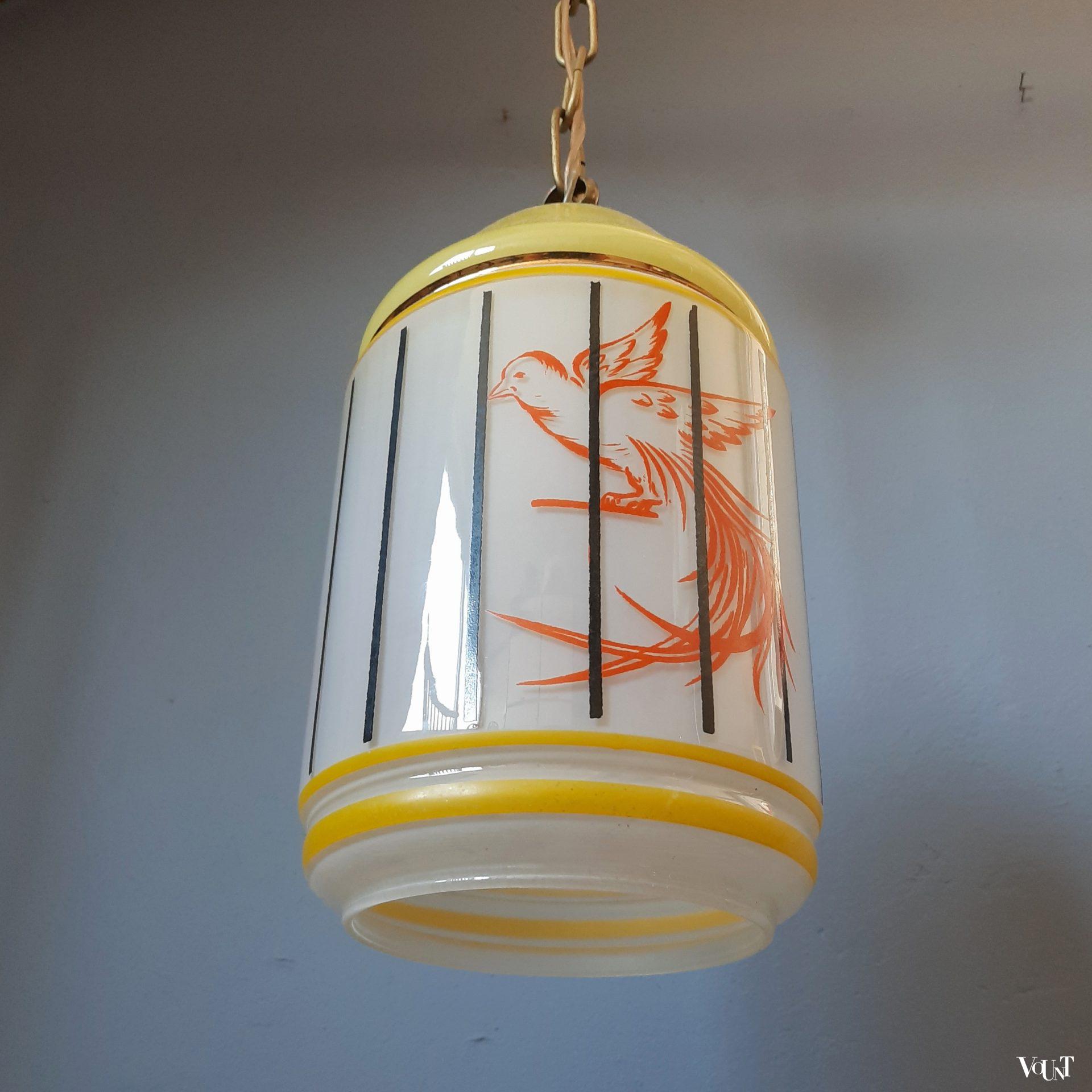 Glazen hanglamp vogelkooitje (geel), Frankrijk, jaren '50