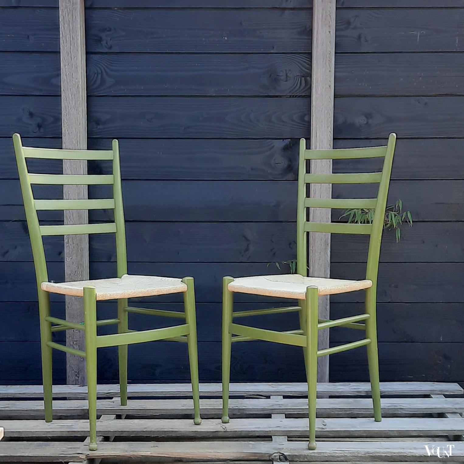 Set van 2 Italiaanse stoeltjes met papercord zitting, Consorzio Sedie Friuli, jaren '60