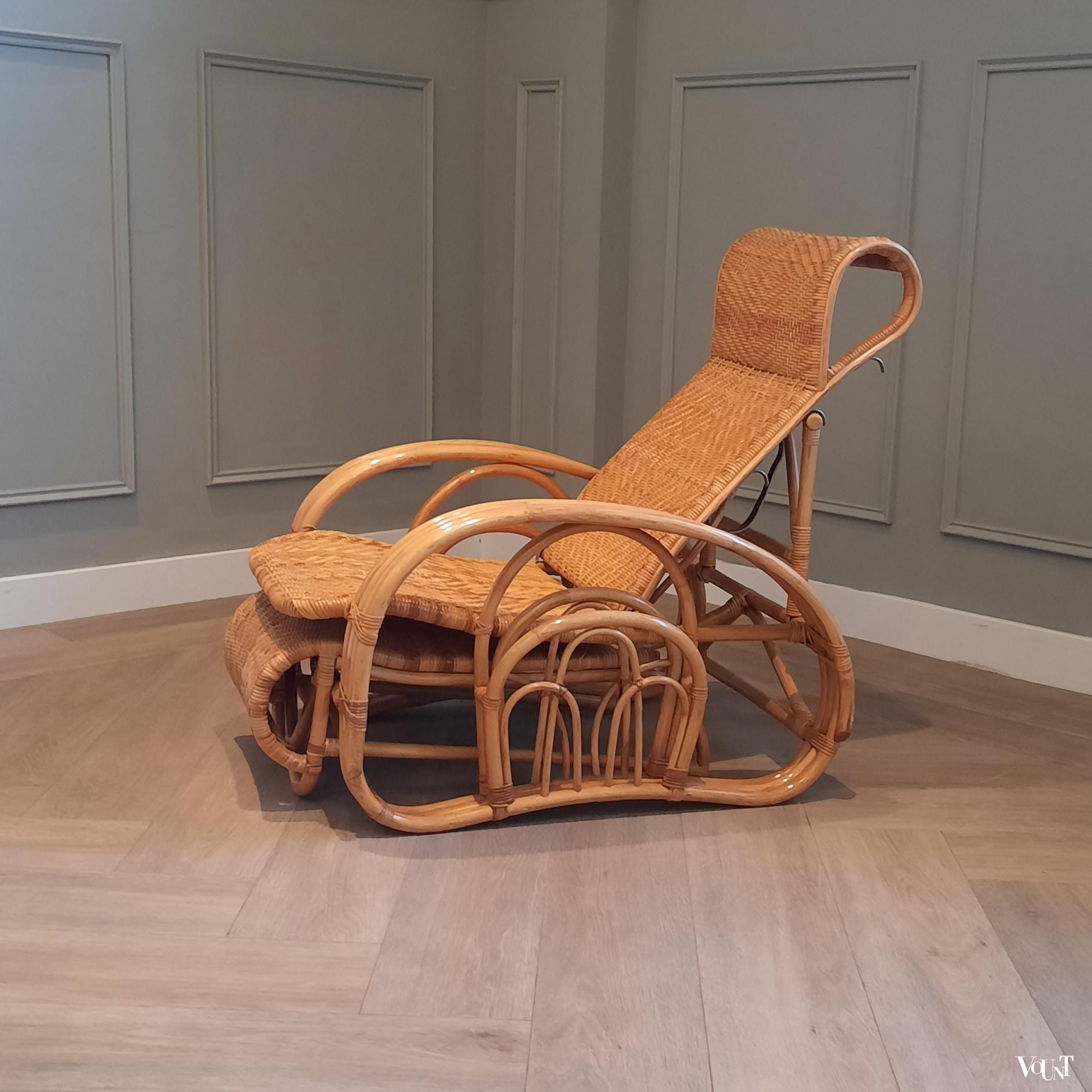 Vintage rotan lounge stoel met voetenbank