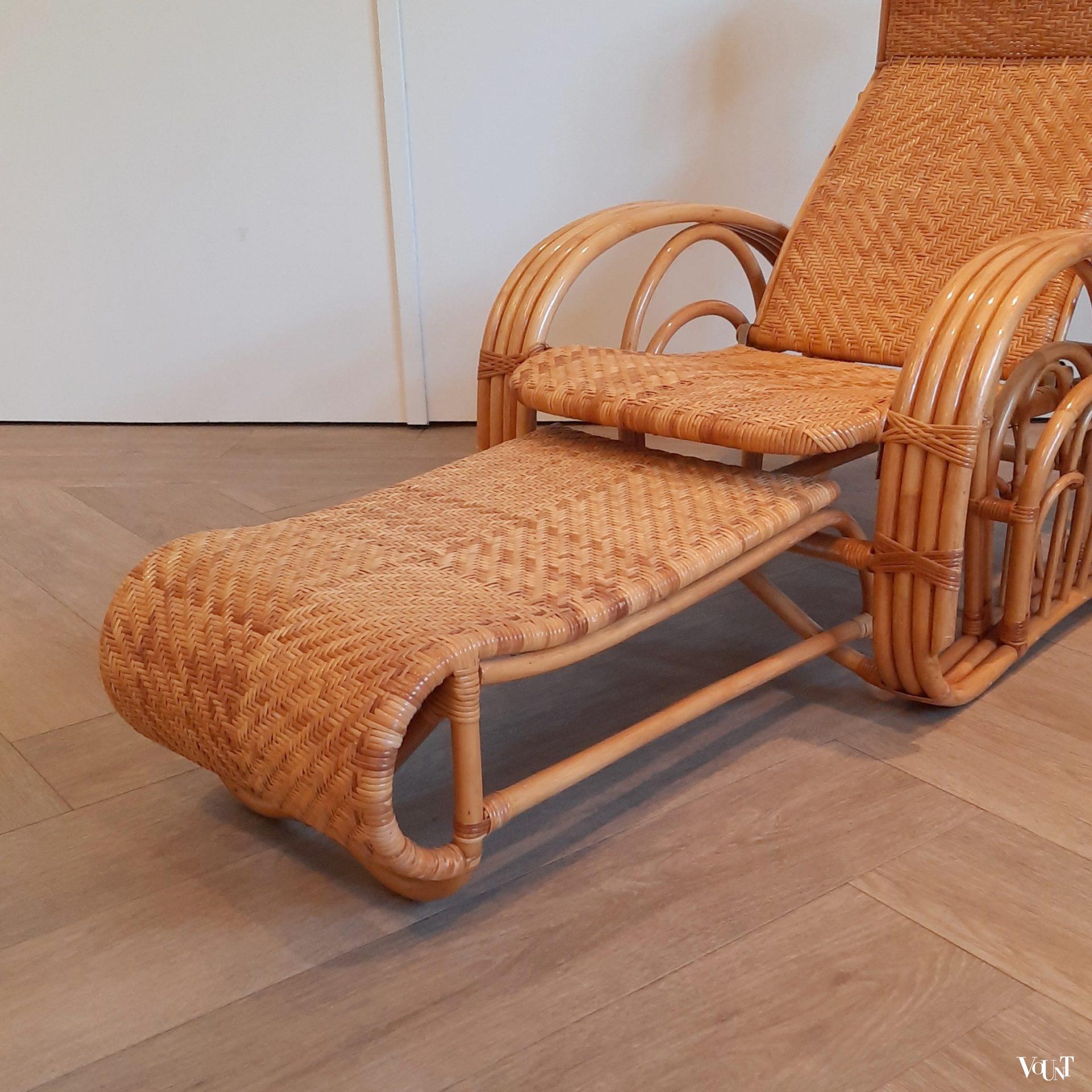 Vintage rotan lounge stoel met voetenbank