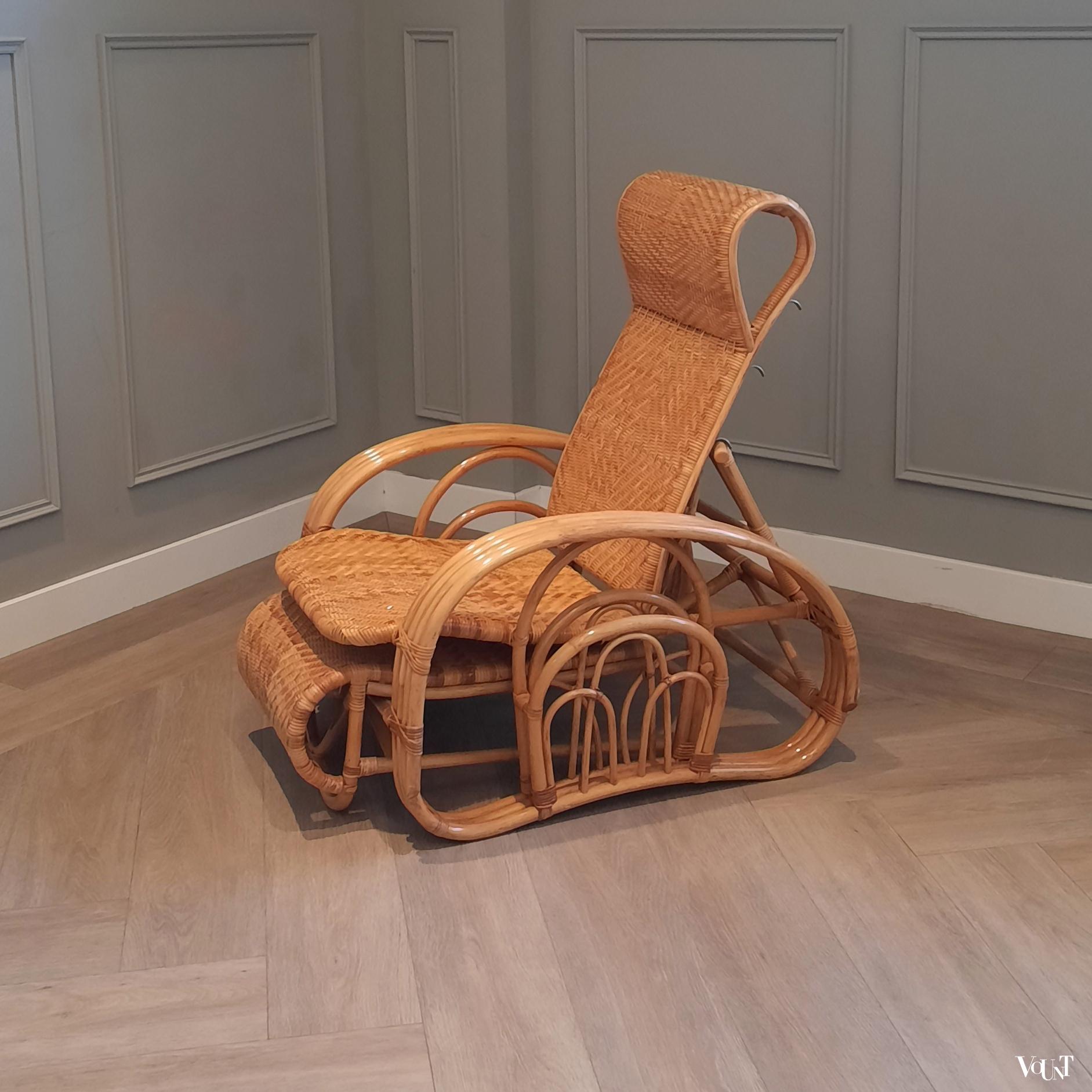 Vintage rotan lounge stoel met voetenbank