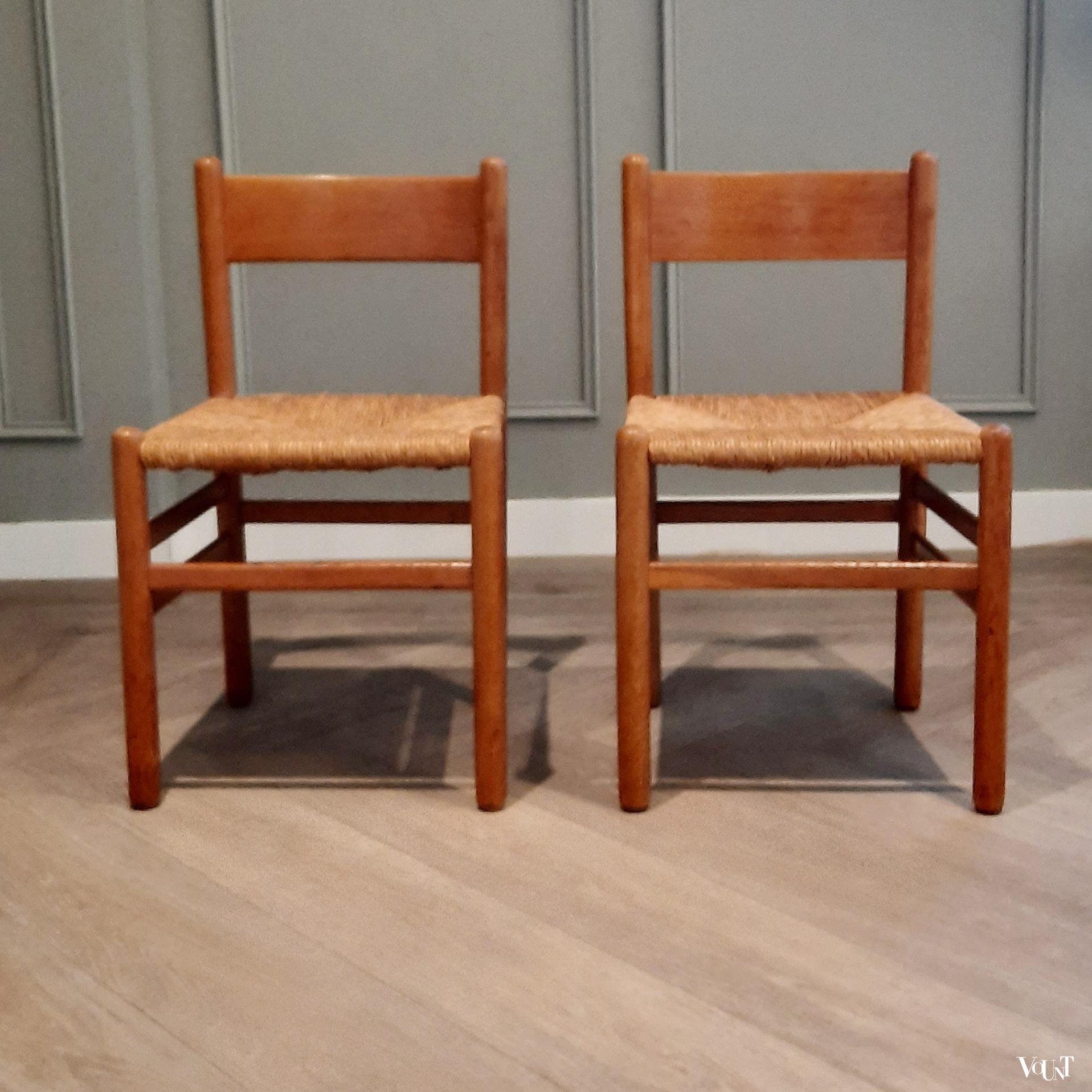 Set van 2 eettafelstoelen met biezen zitting, J.W. van Heuvel voor Ad Vorm, jaren '60