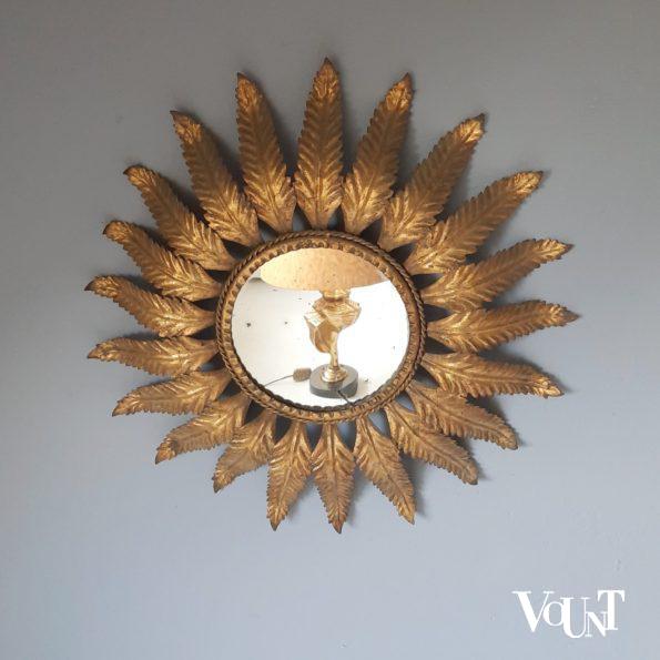 Vuurvergulde metalen sunburst spiegel, jaren '50